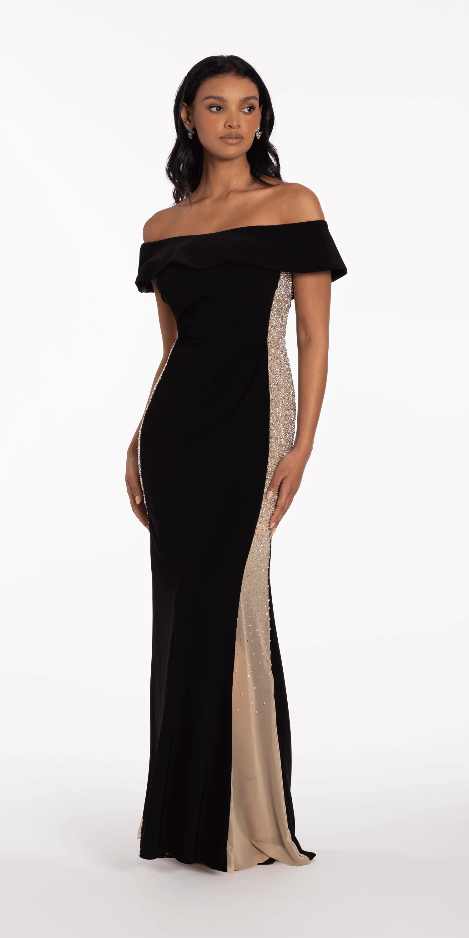 Jersey Off the Shoulder Column Dress with Beaded Side Panels - Image 5