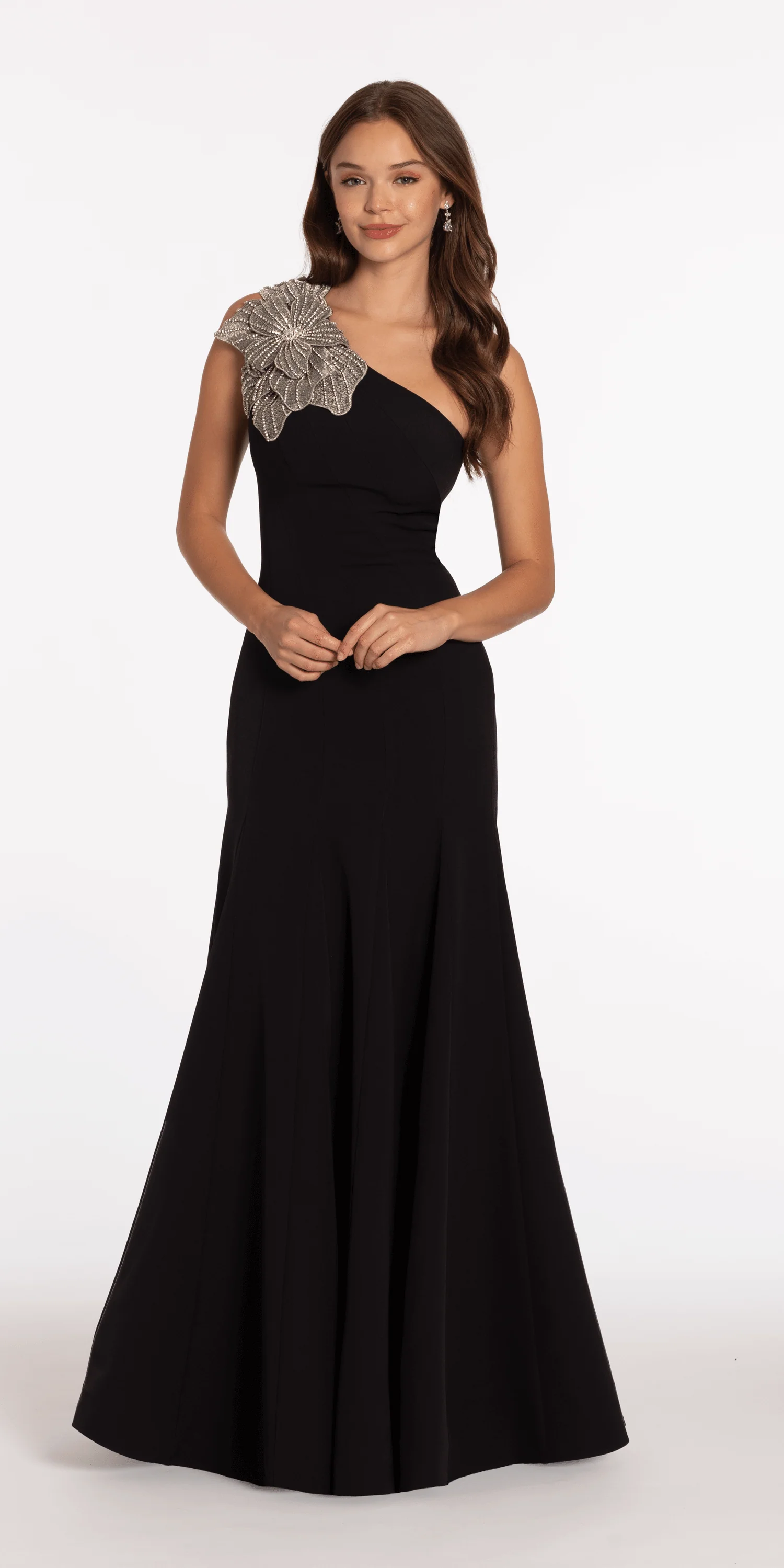 Jersey One Shoulder Mermaid Dress with Beaded Floral Applique - Image 3