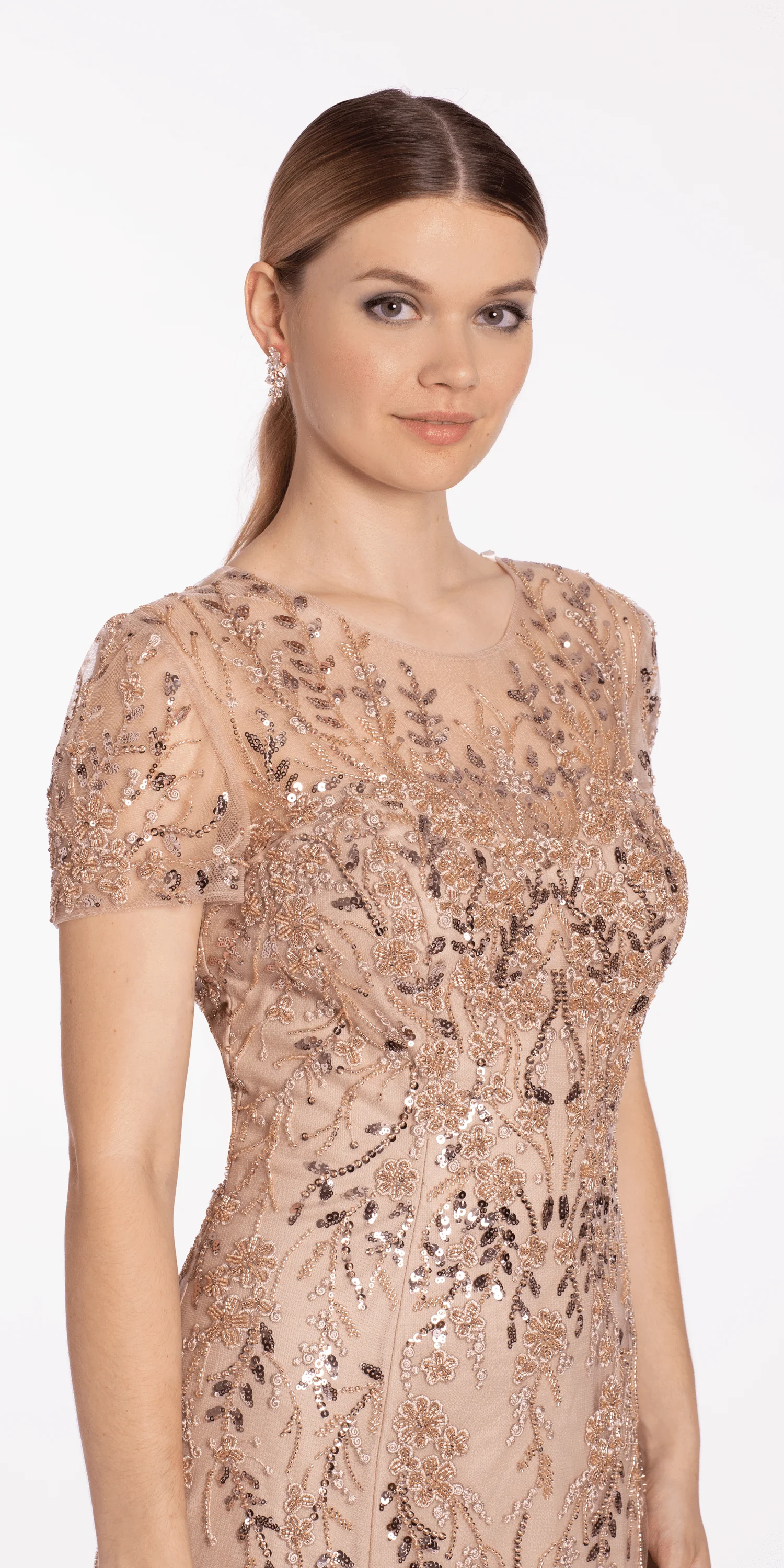 Jewel Neck Embellished Short Sleeve Mesh Trumpet Dress - Image 2