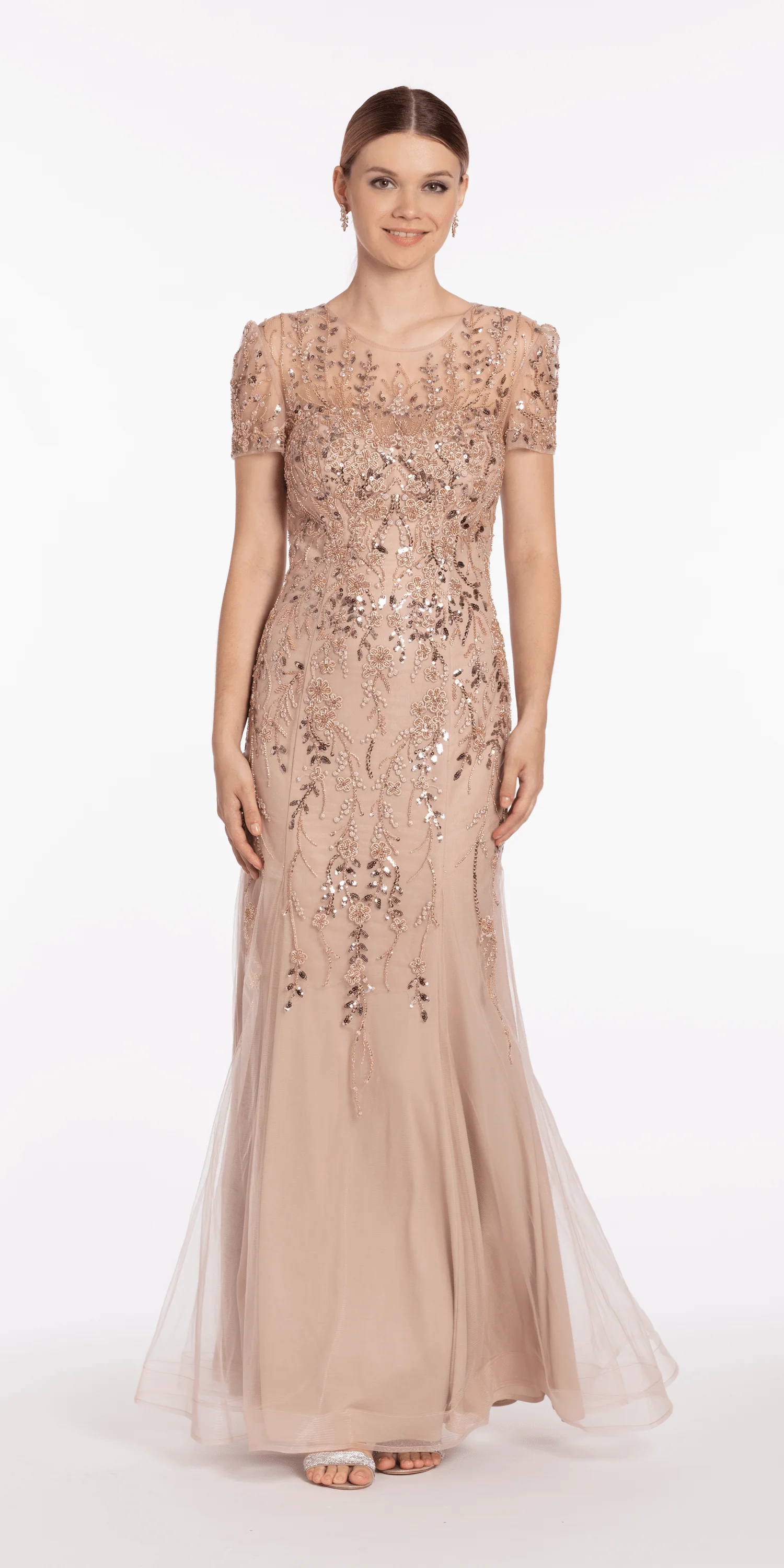 Jewel Neck Embellished Short Sleeve Mesh Trumpet Dress - Image 3