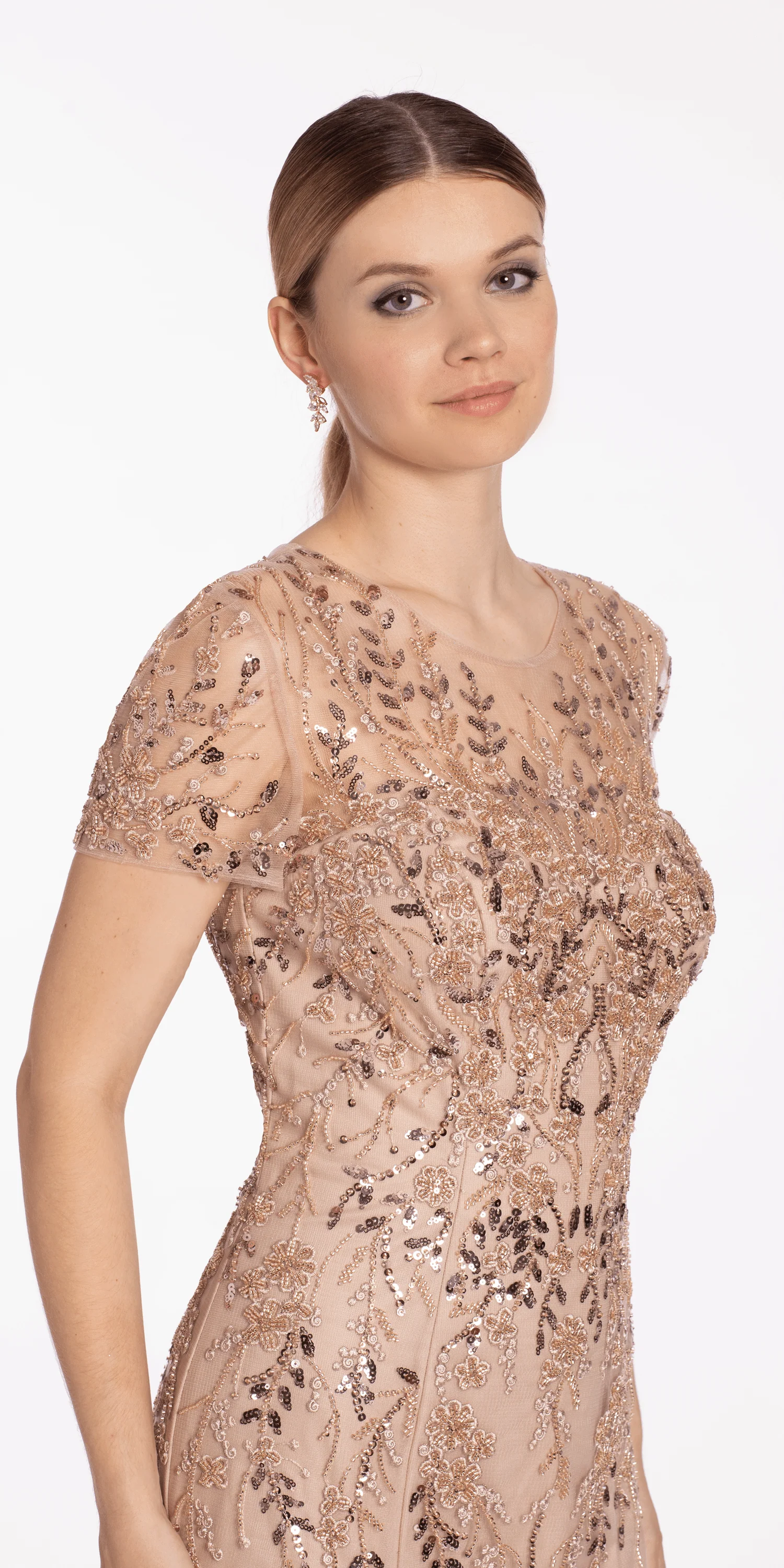 Jewel Neck Embellished Short Sleeve Mesh Trumpet Dress - Image 4