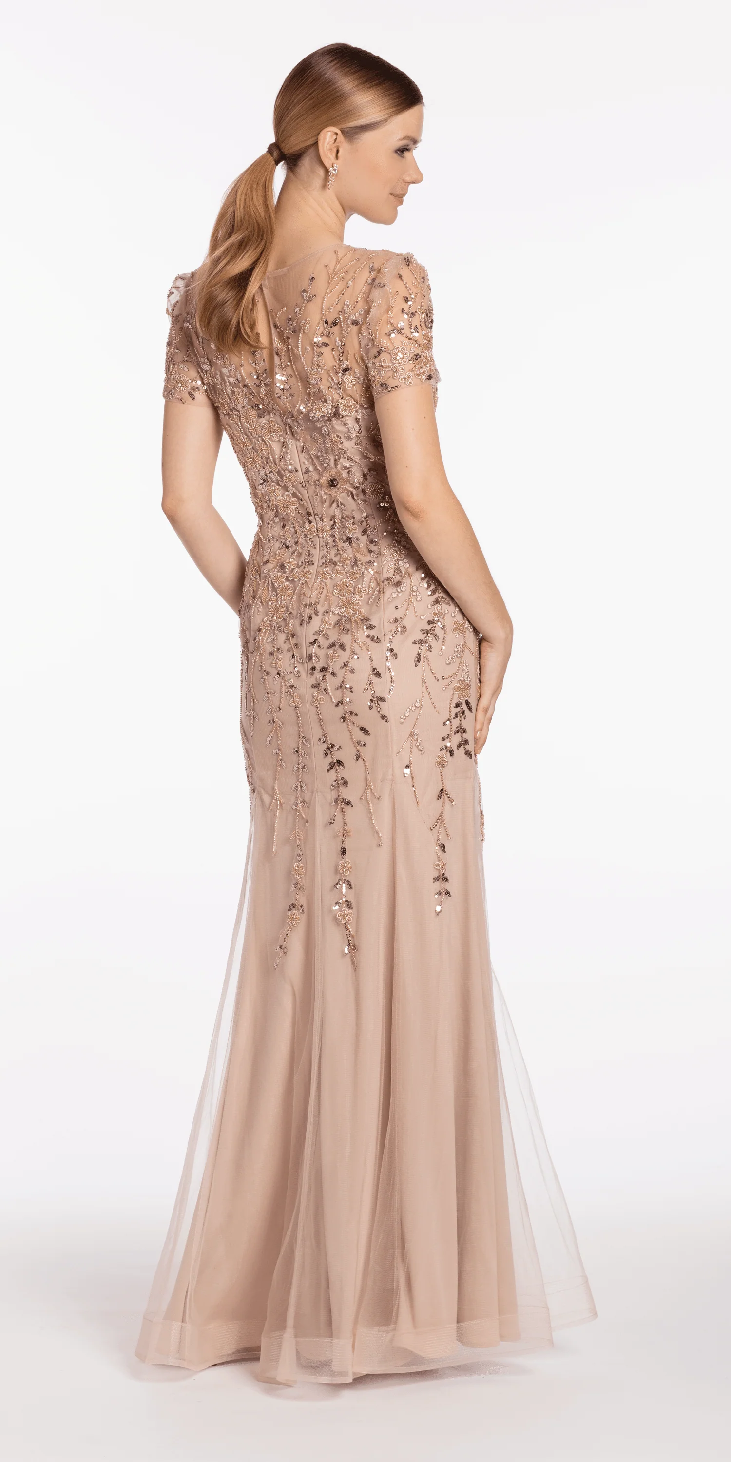 Jewel Neck Embellished Short Sleeve Mesh Trumpet Dress - Image 5