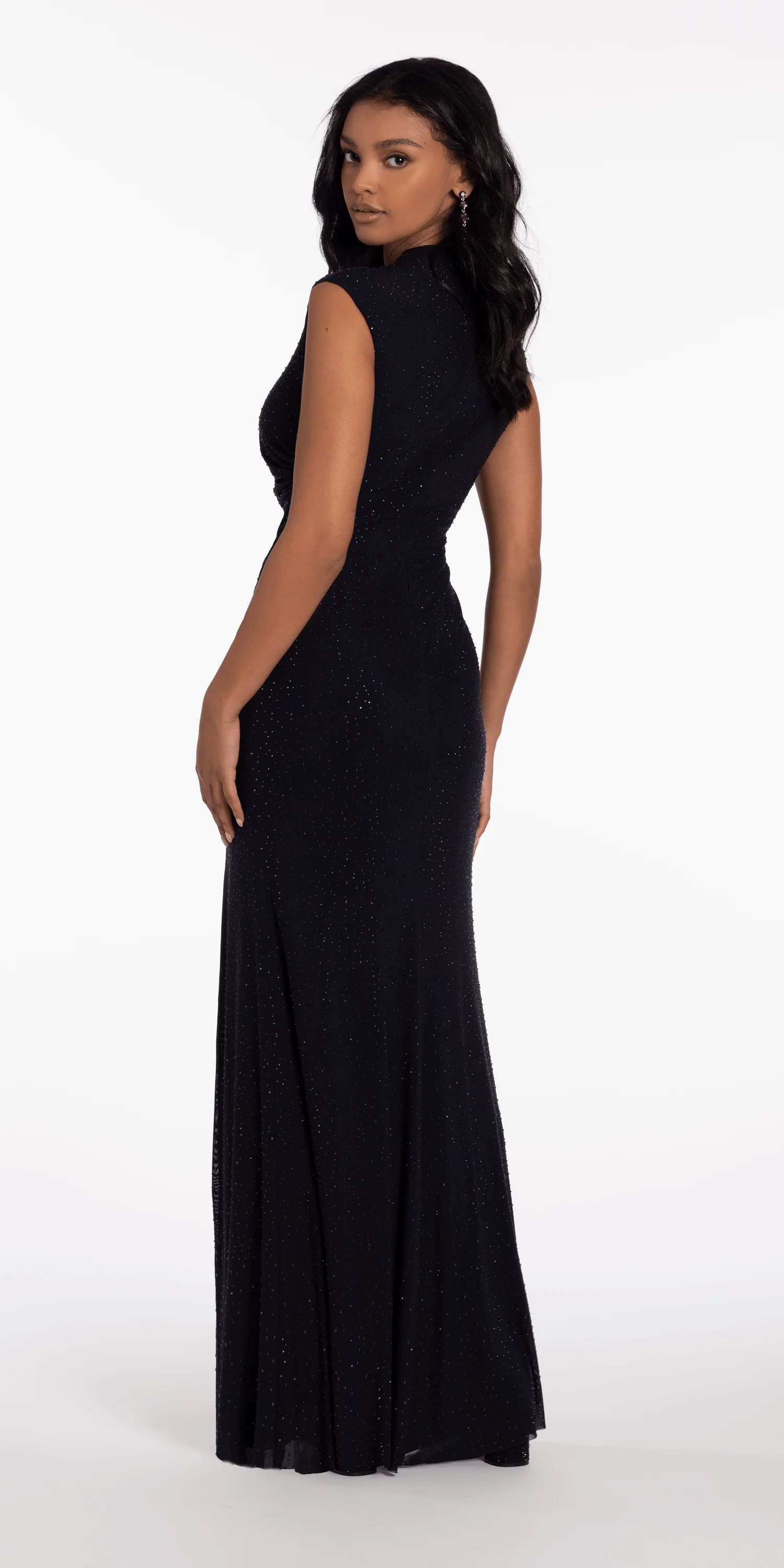 Jewel Neck Mesh Cap Sleeve Column Dress with Heat Set Stones - Image 4