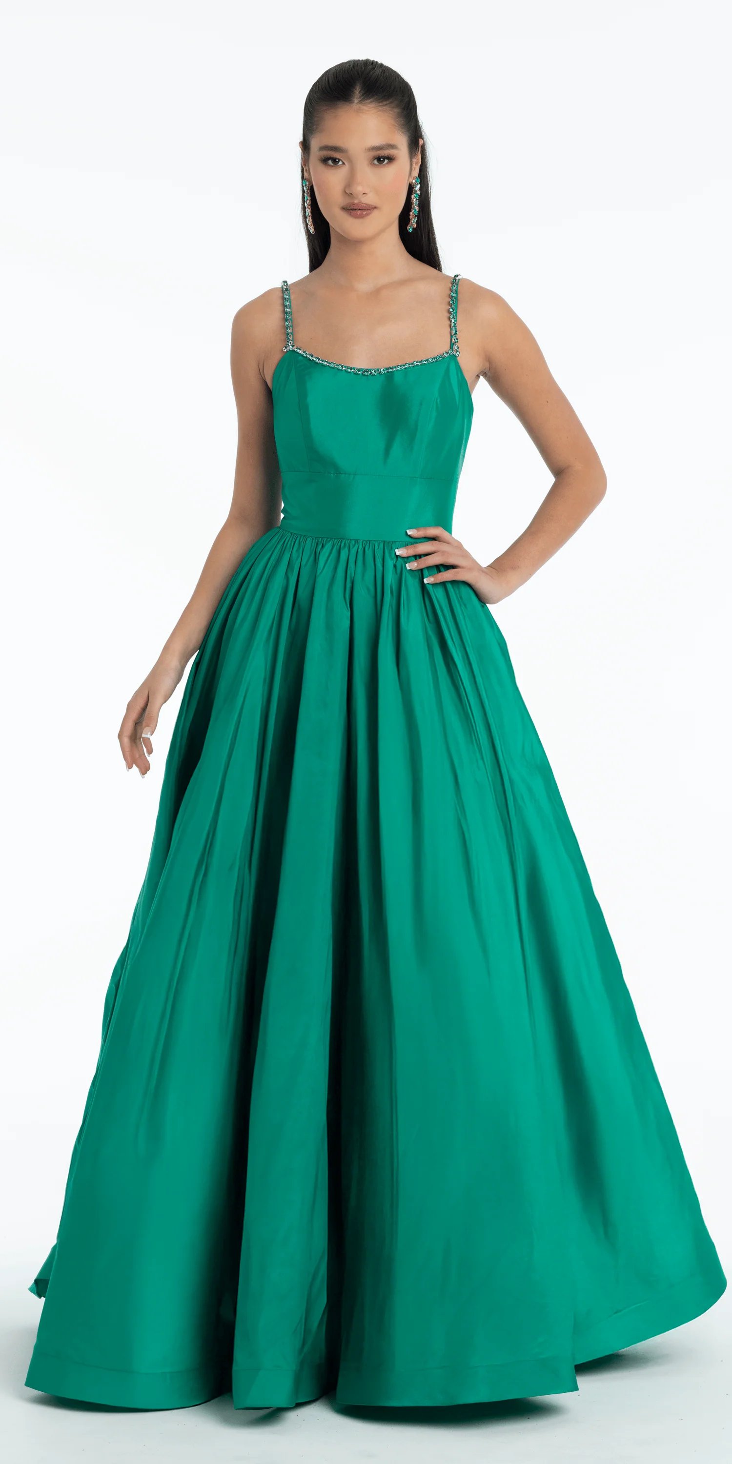 Jewel Neck Taffeta Pleated Ballgown with Pockets - Image 2