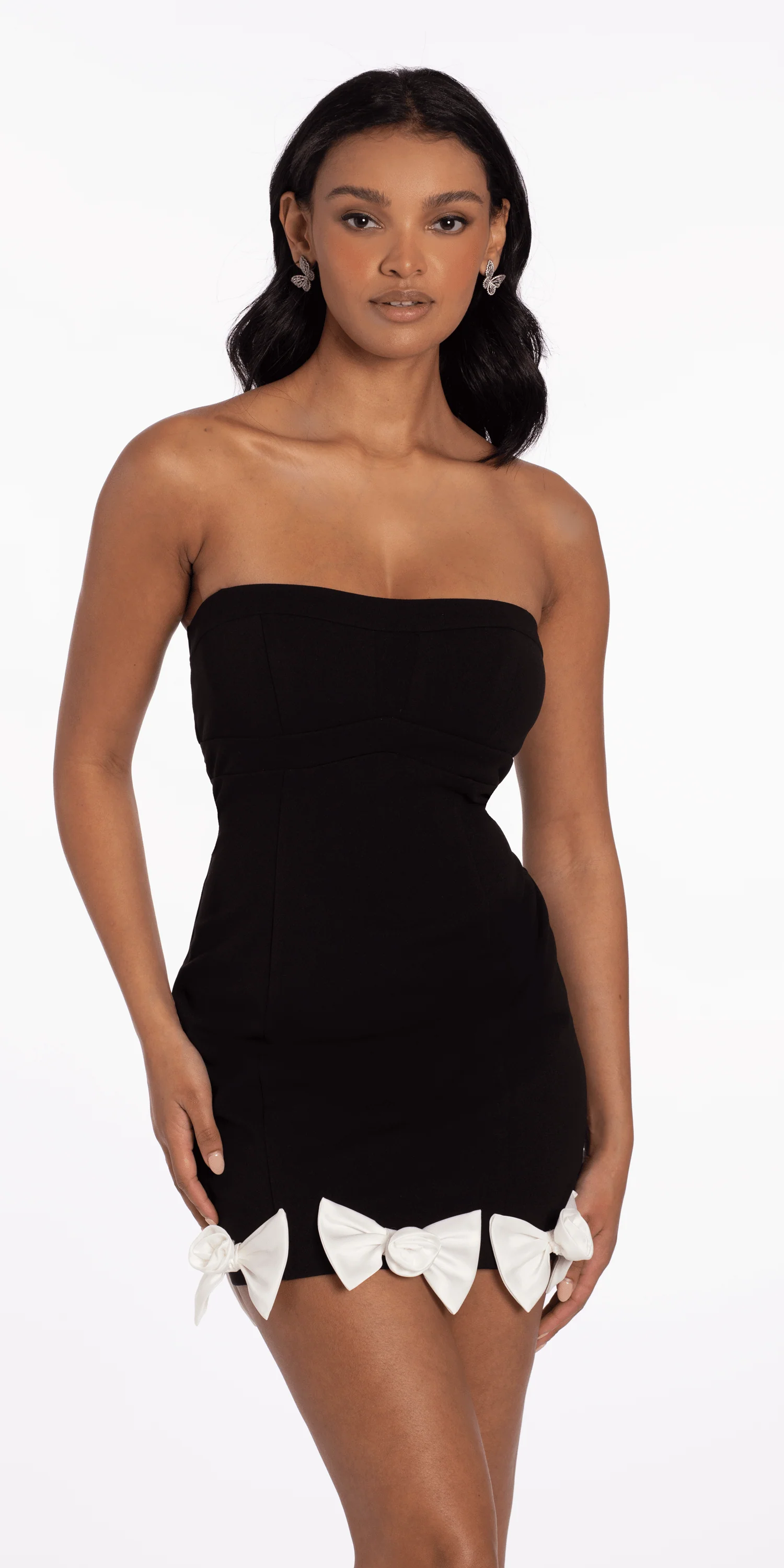 Keyhole Back Strapless Scuba Bodycon Dress with Bow Detail - Image 3