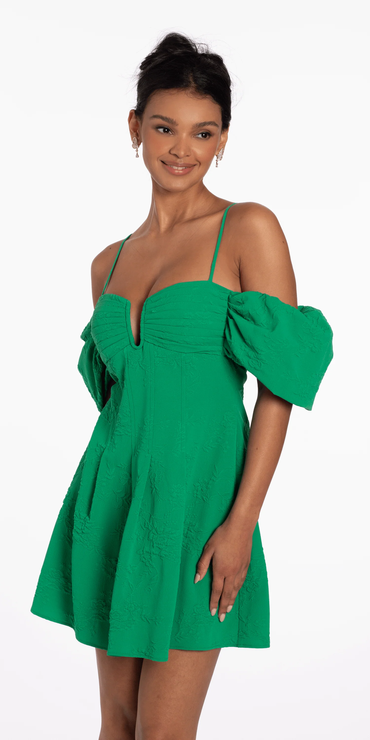 Knit Jacquard Plunge Puff Sleeve Fit and Flare Dress - Image 3
