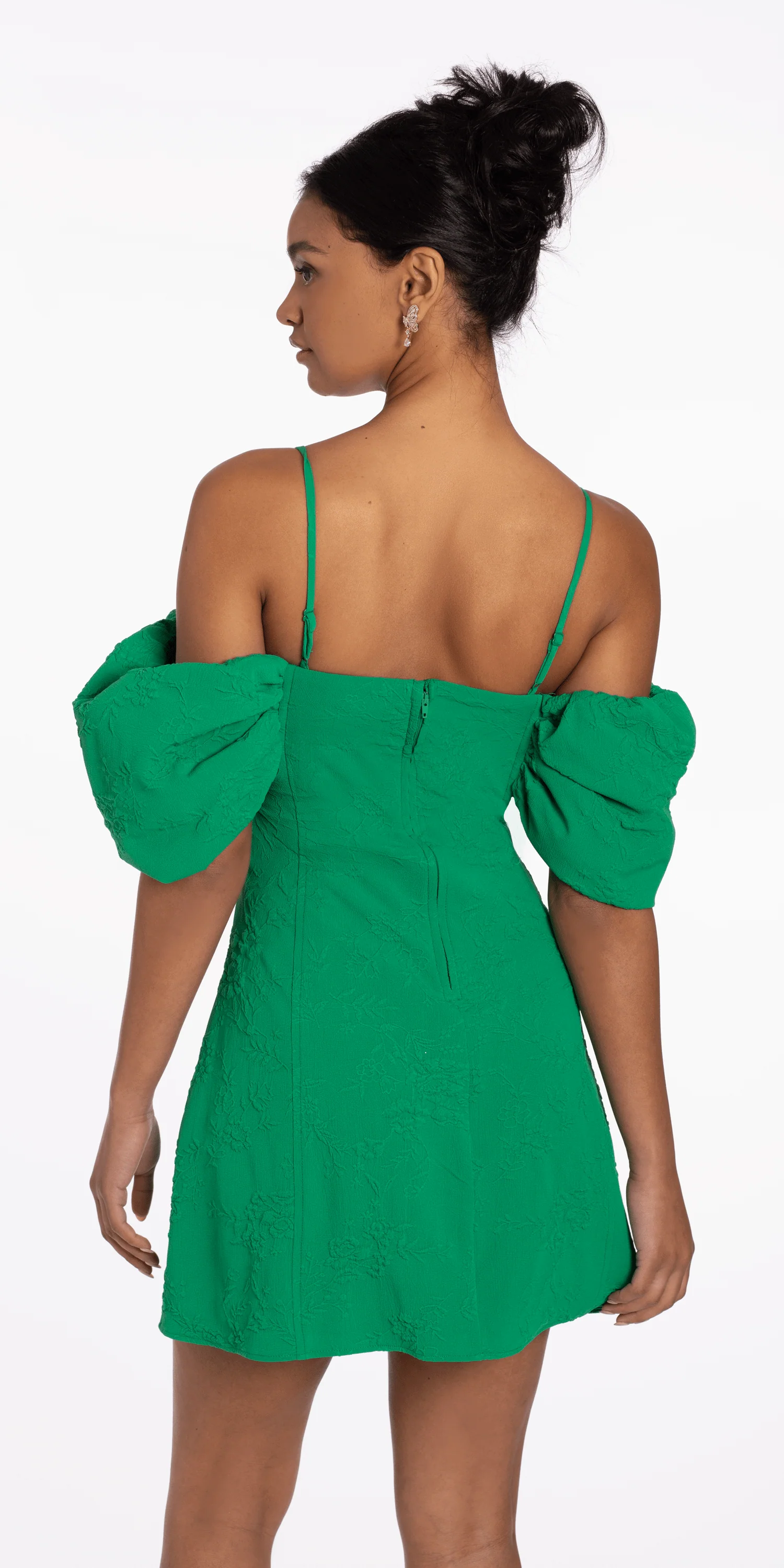 Knit Jacquard Plunge Puff Sleeve Fit and Flare Dress - Image 4
