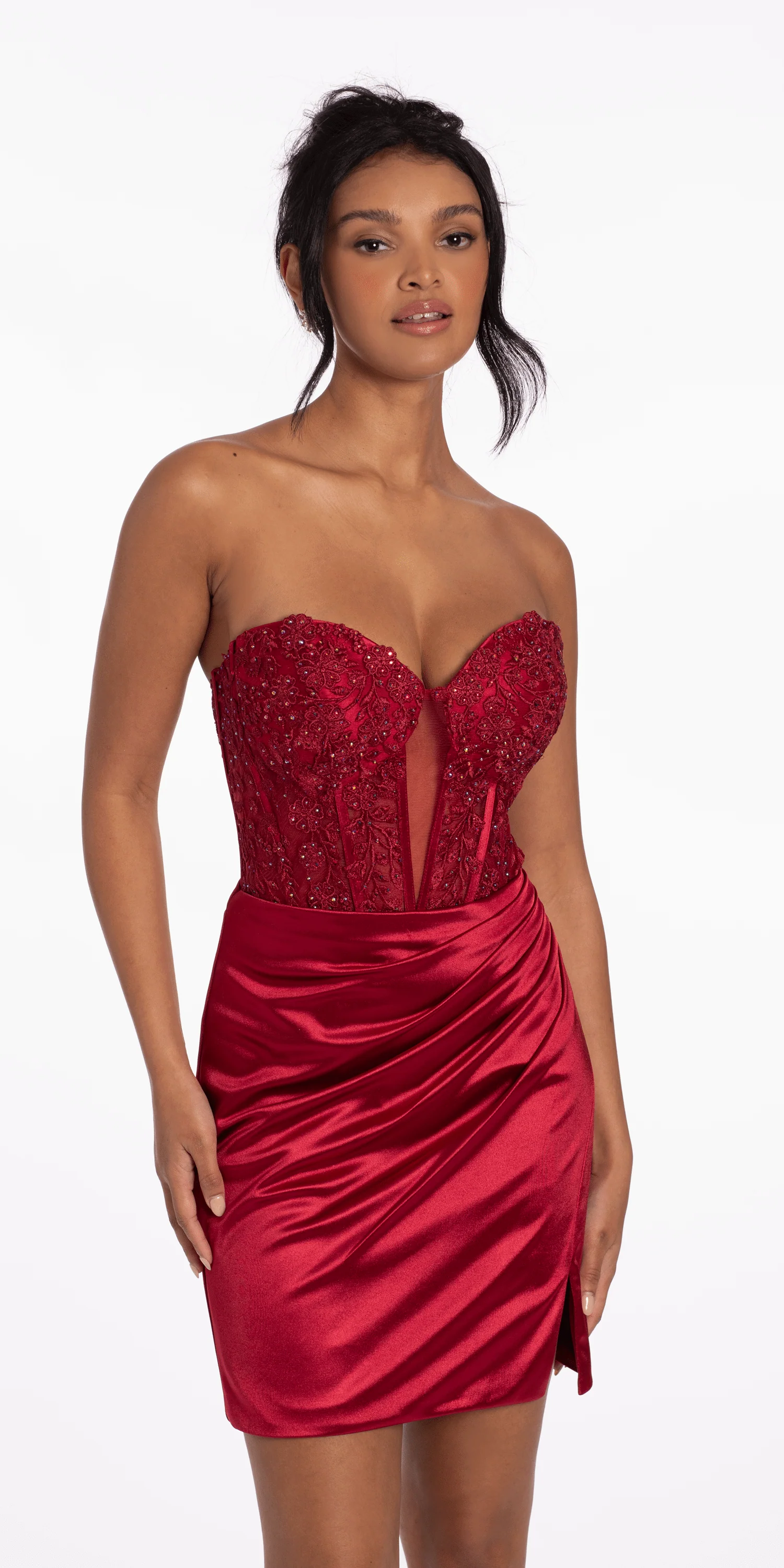 Lace Embroidered Strapless Satin Sweetheart Corset Bodycon Dress - Image 4