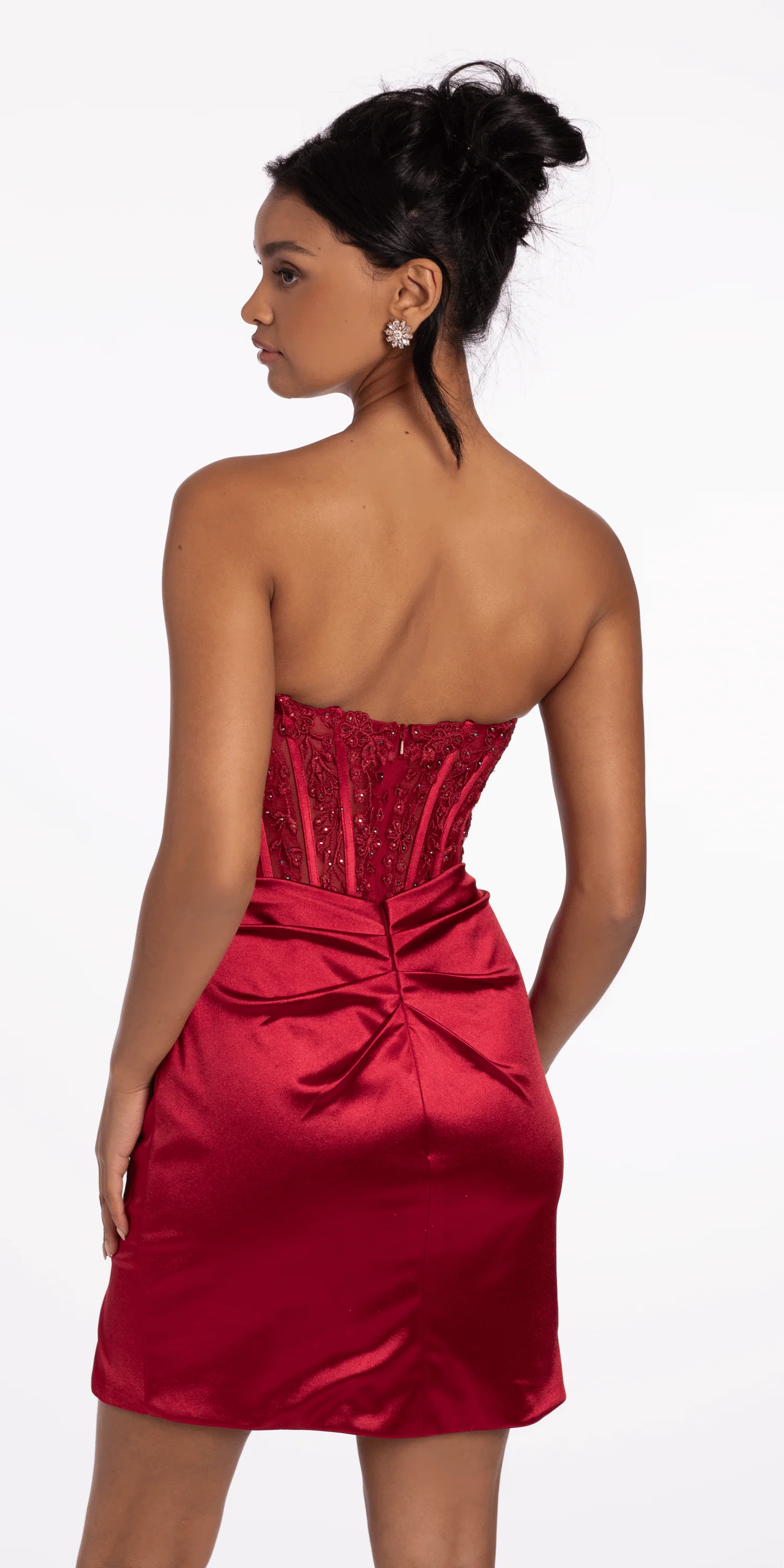 Lace Embroidered Strapless Satin Sweetheart Corset Bodycon Dress - Image 5