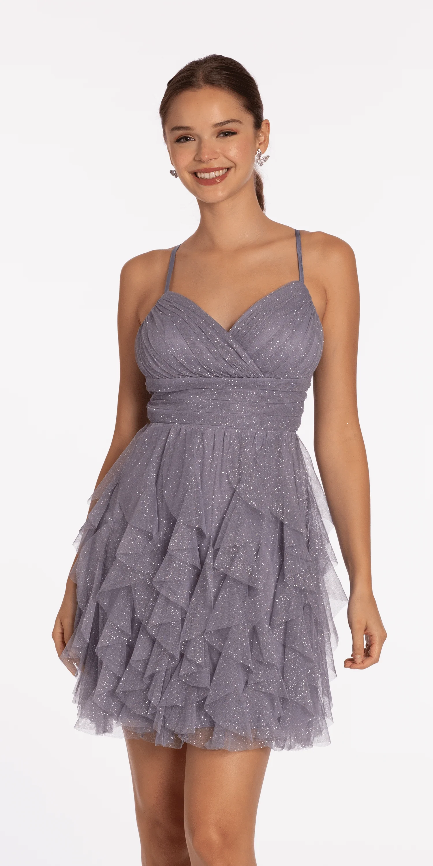 Lace Up Back Tiered Glitter Mesh Fit and Flare Dress - Image 3