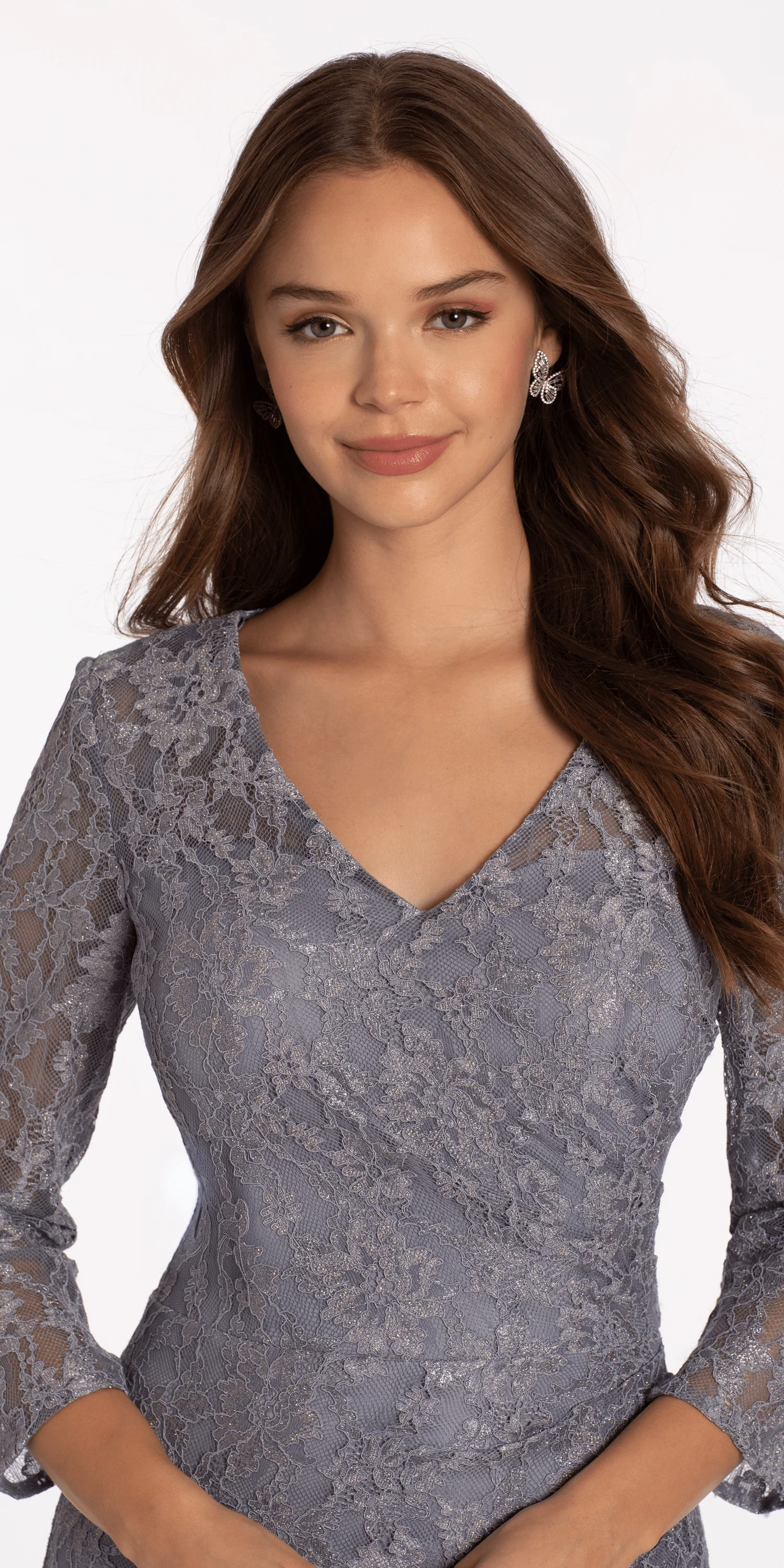Lace V Neck 3/4Sleeve Column Dress with Ruching - Image 2