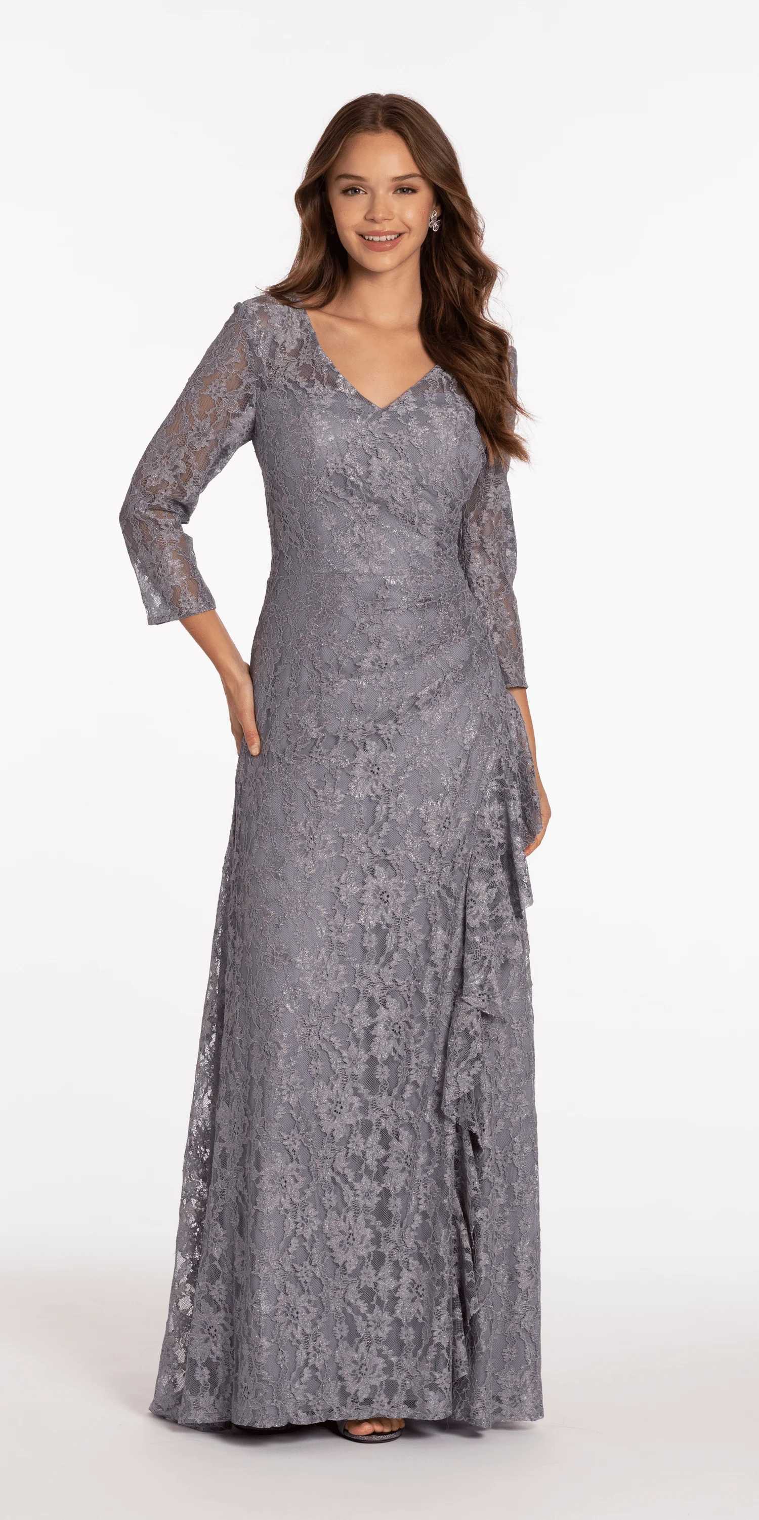Lace V Neck 3/4Sleeve Column Dress with Ruching - Image 4