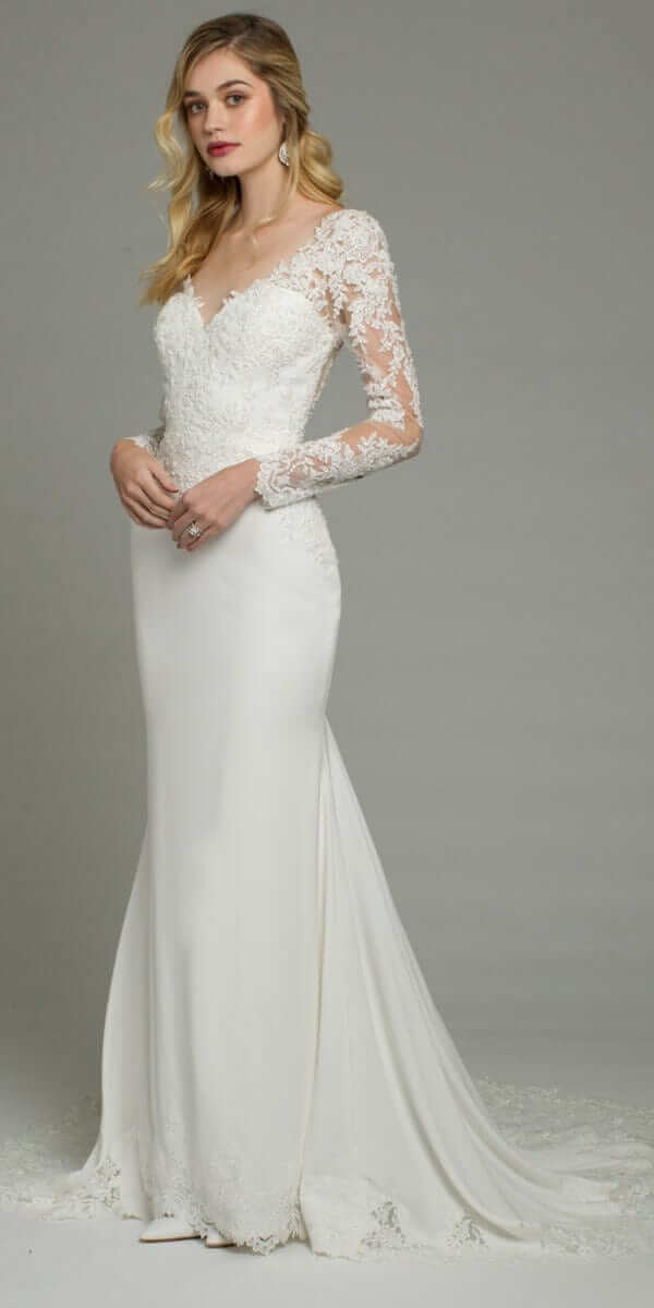 Long Sleeve Applique Crepe Button Back Lace Dress - Image 3