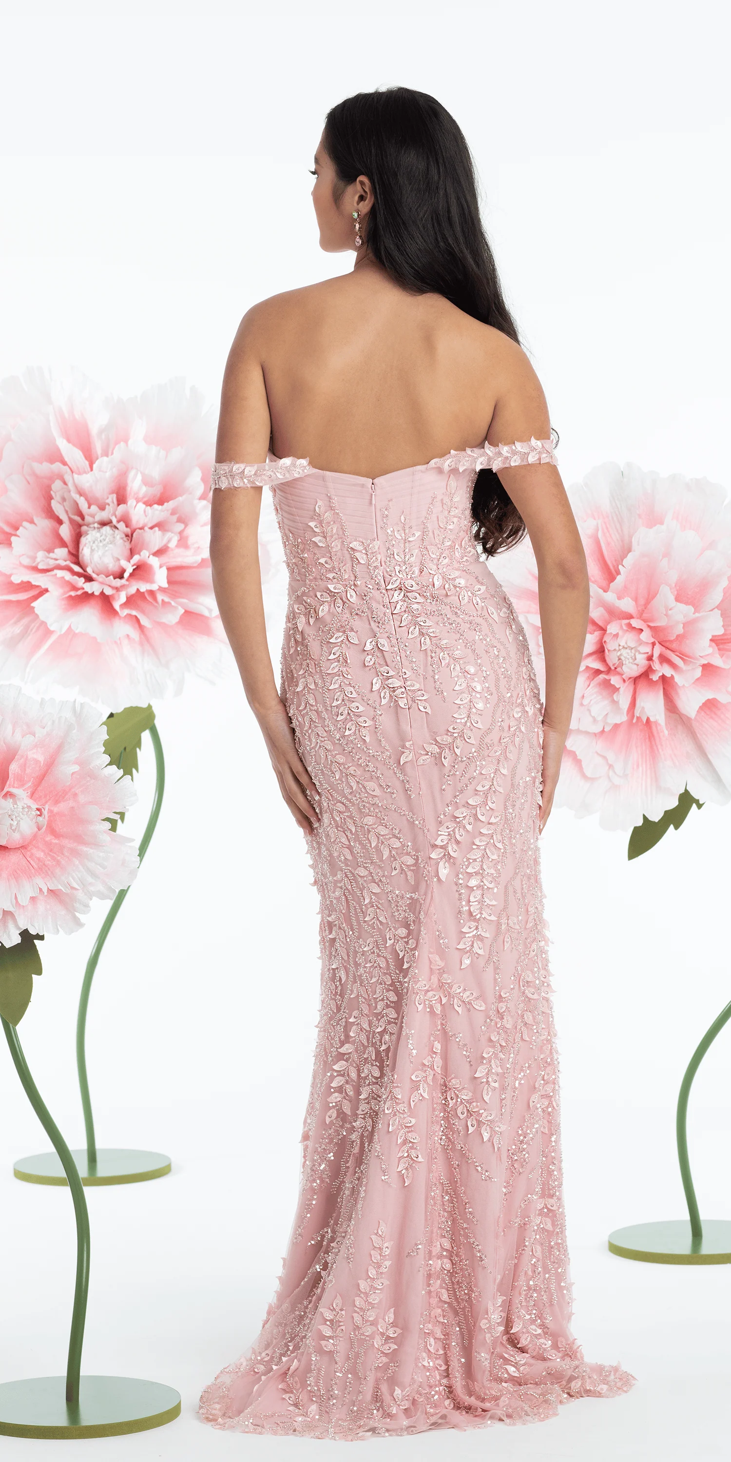 Mesh 3D Leaf Off the Shoulder Corset Column Dress - Image 5