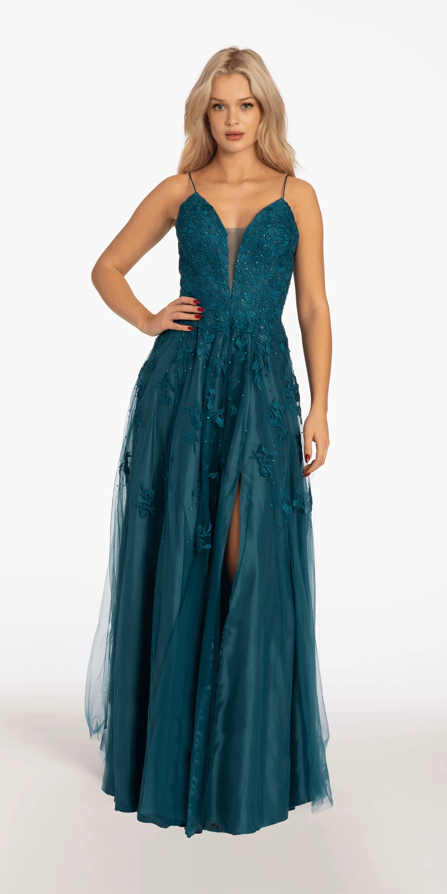 Mesh Applique Plunging Lace Up A Line Dress - Image 3