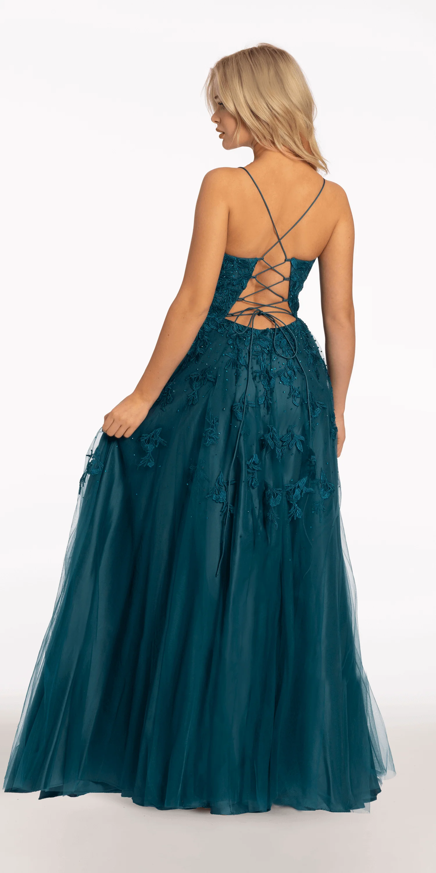 Mesh Applique Plunging Lace Up A Line Dress - Image 4