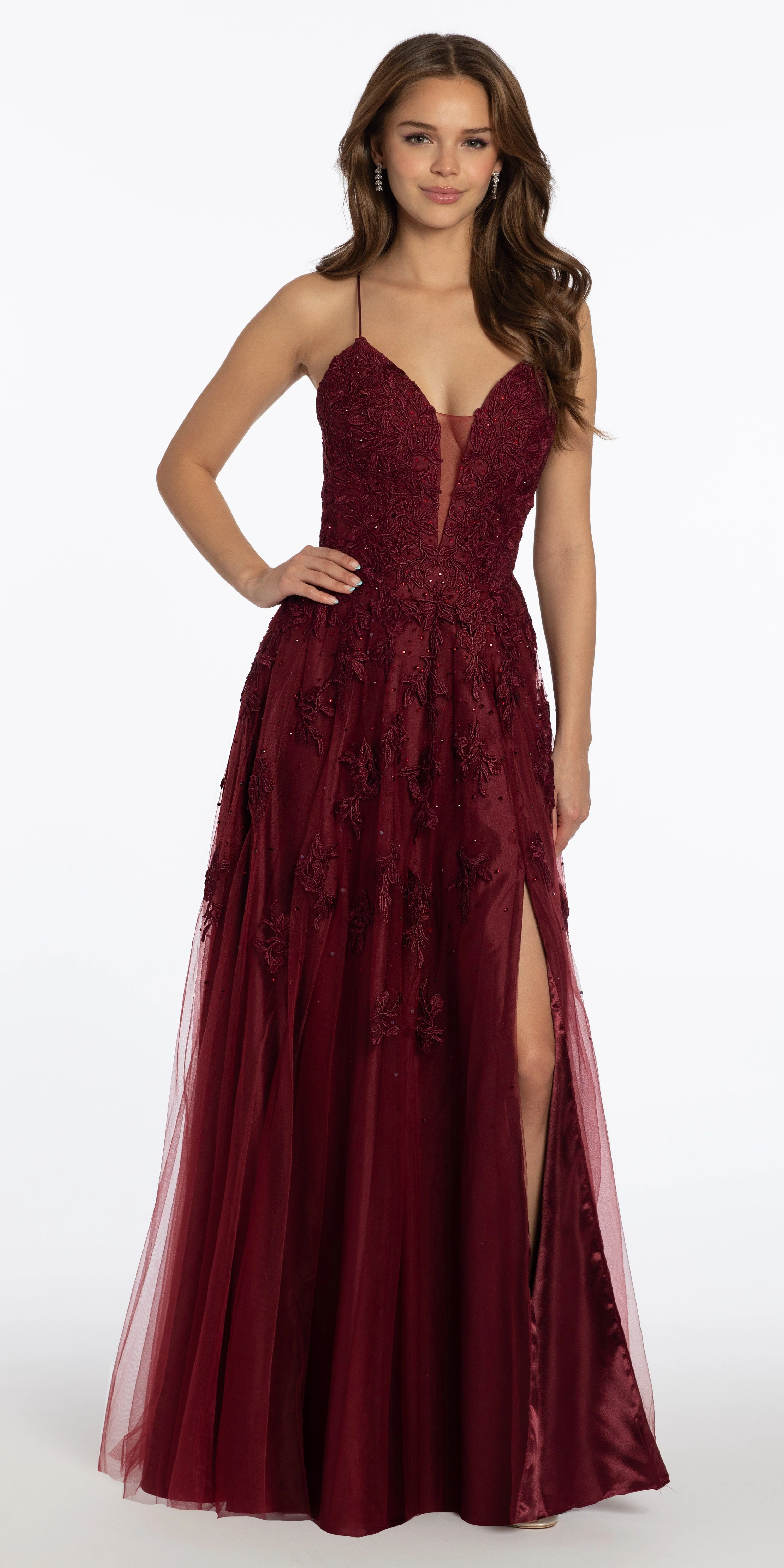 Mesh Applique Plunging Lace Up A Line Dress - Image 7