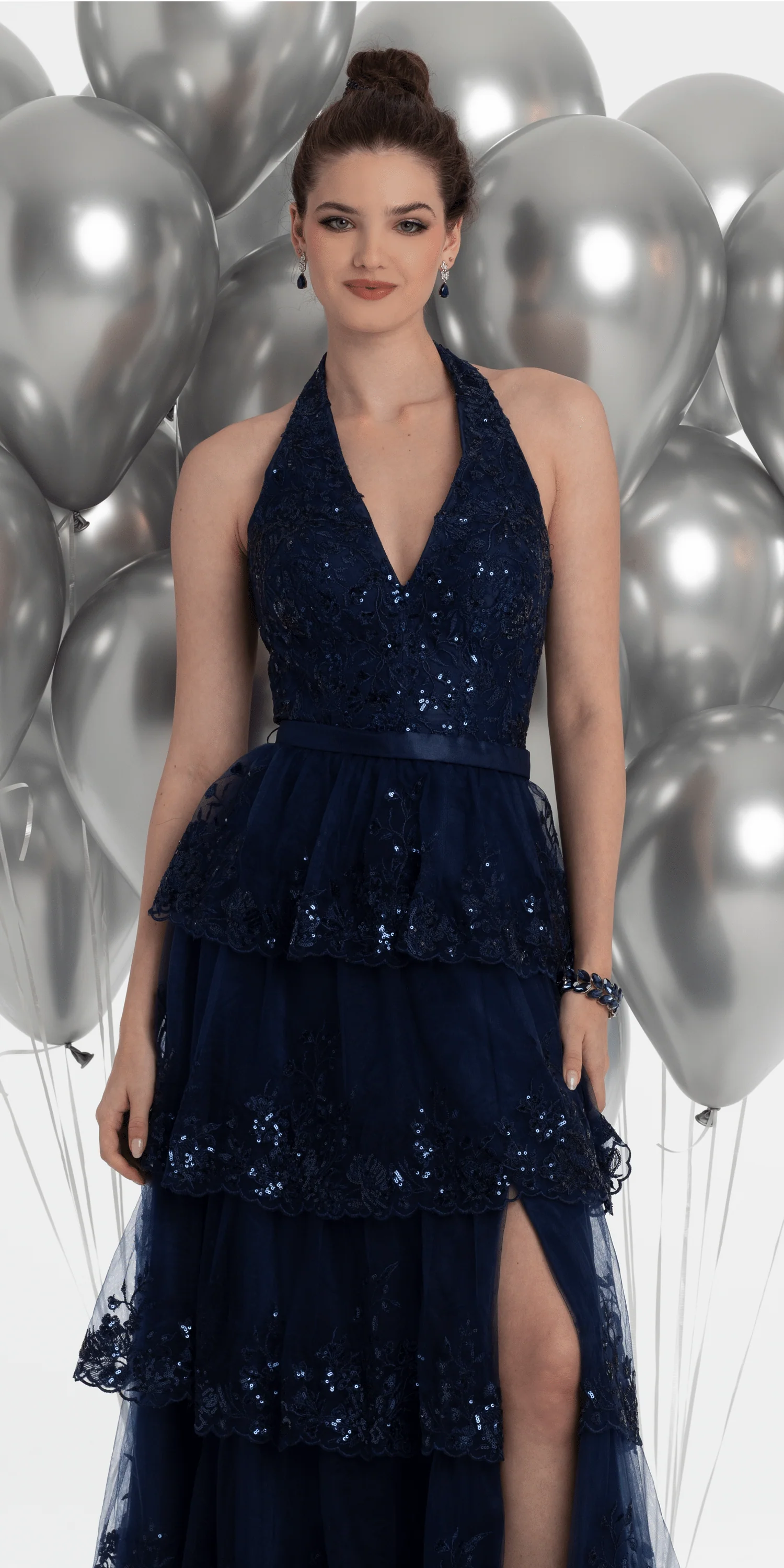 Mesh Embroidered Tiered Halter A Line Dress - Image 2