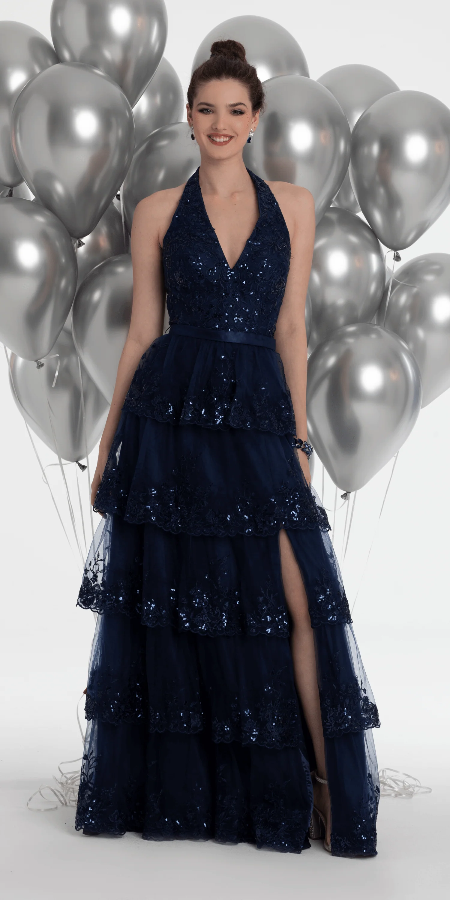 Mesh Embroidered Tiered Halter A Line Dress - Image 3