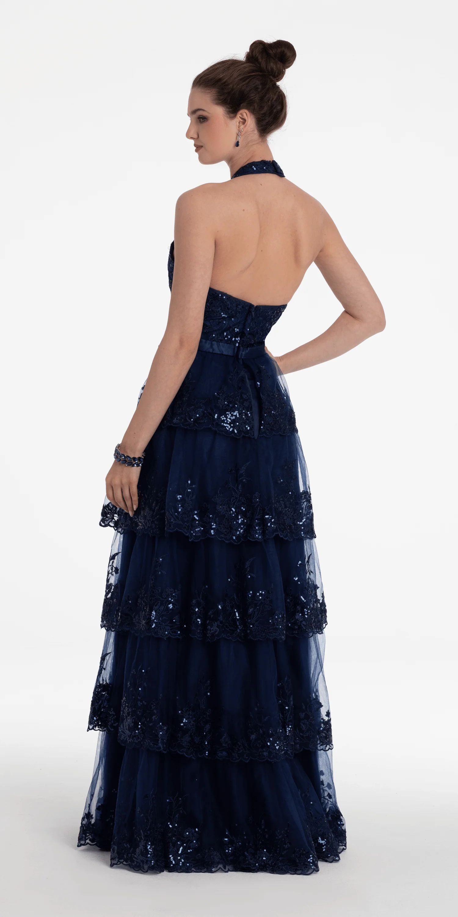 Mesh Embroidered Tiered Halter A Line Dress - Image 4