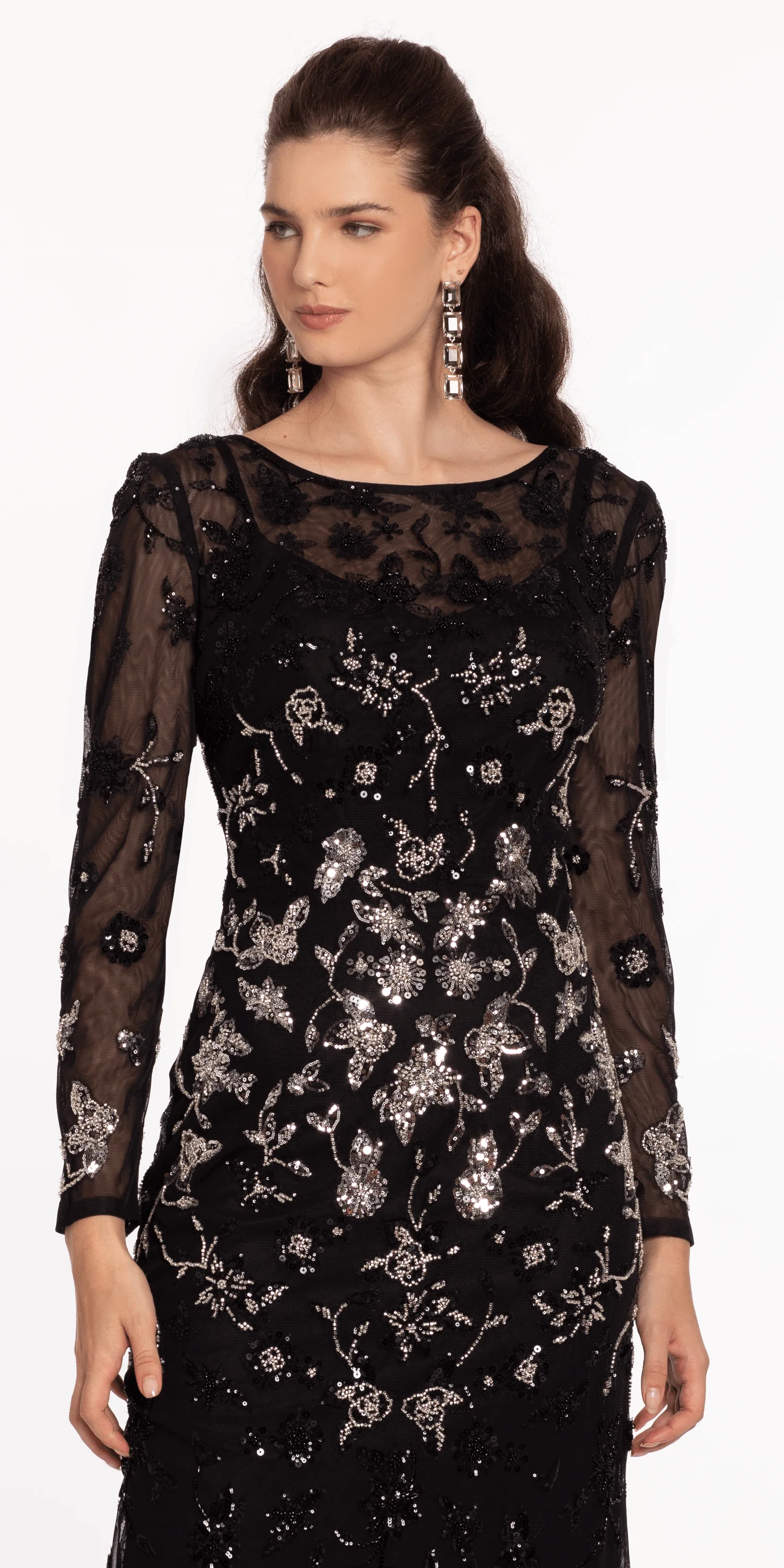 Mesh Long Sleeve Boatneck Column Dress with Beading - Image 2