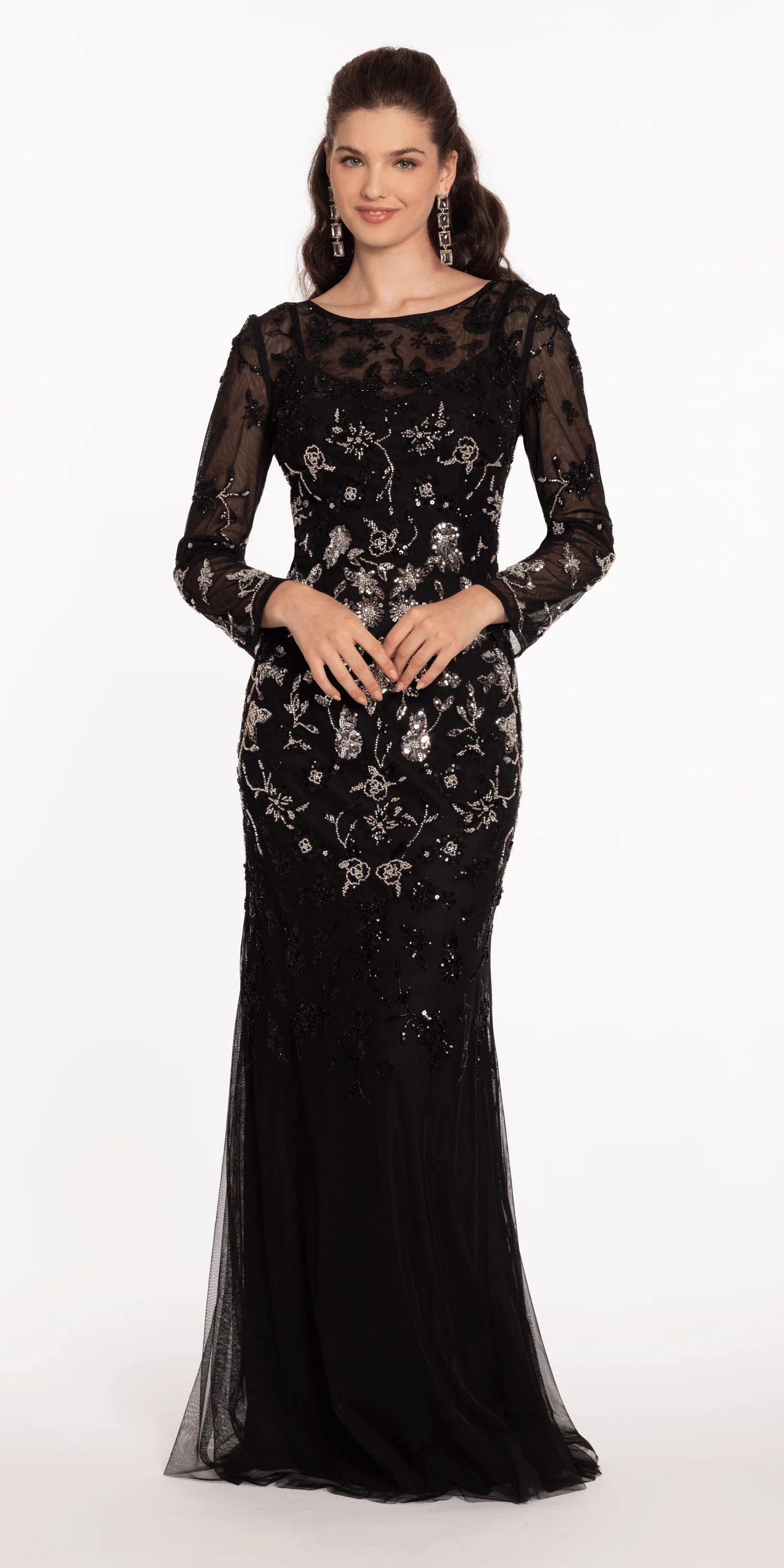 Mesh Long Sleeve Boatneck Column Dress with Beading - Image 3