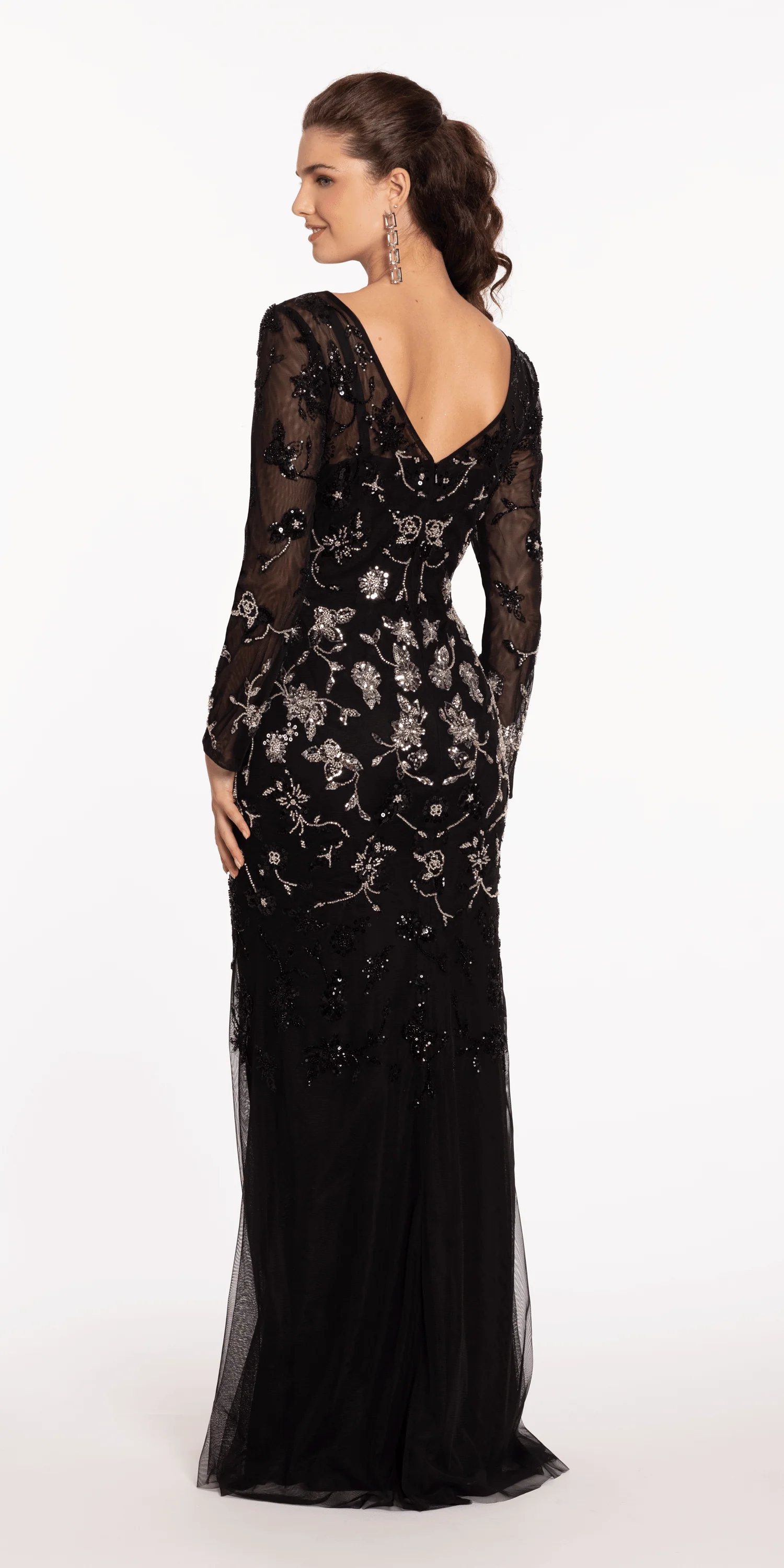 Mesh Long Sleeve Boatneck Column Dress with Beading - Image 5