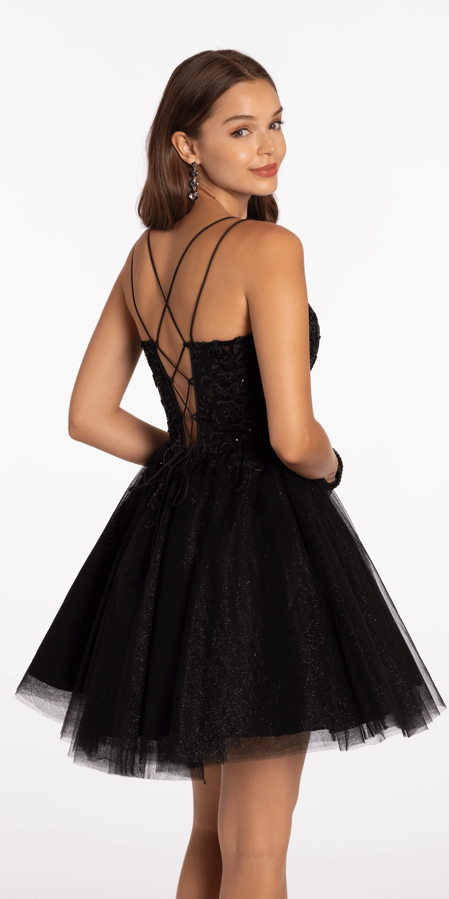 Mesh Plunge Fit and Flare Dress with Beaded Appliques - Image 4