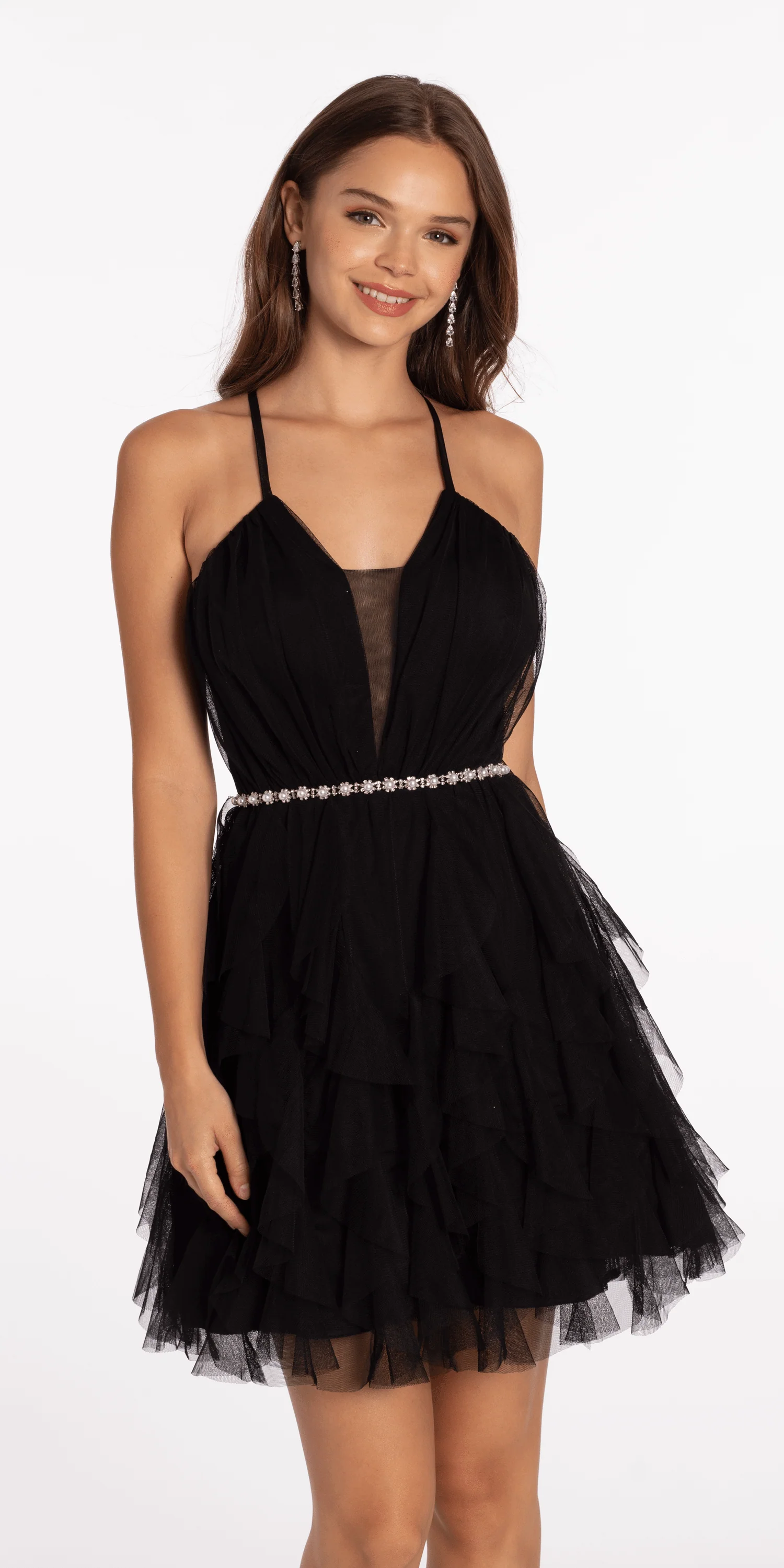 Mesh Plunge Fit and Flare Dress with Pearl Waist Detail - Image 3