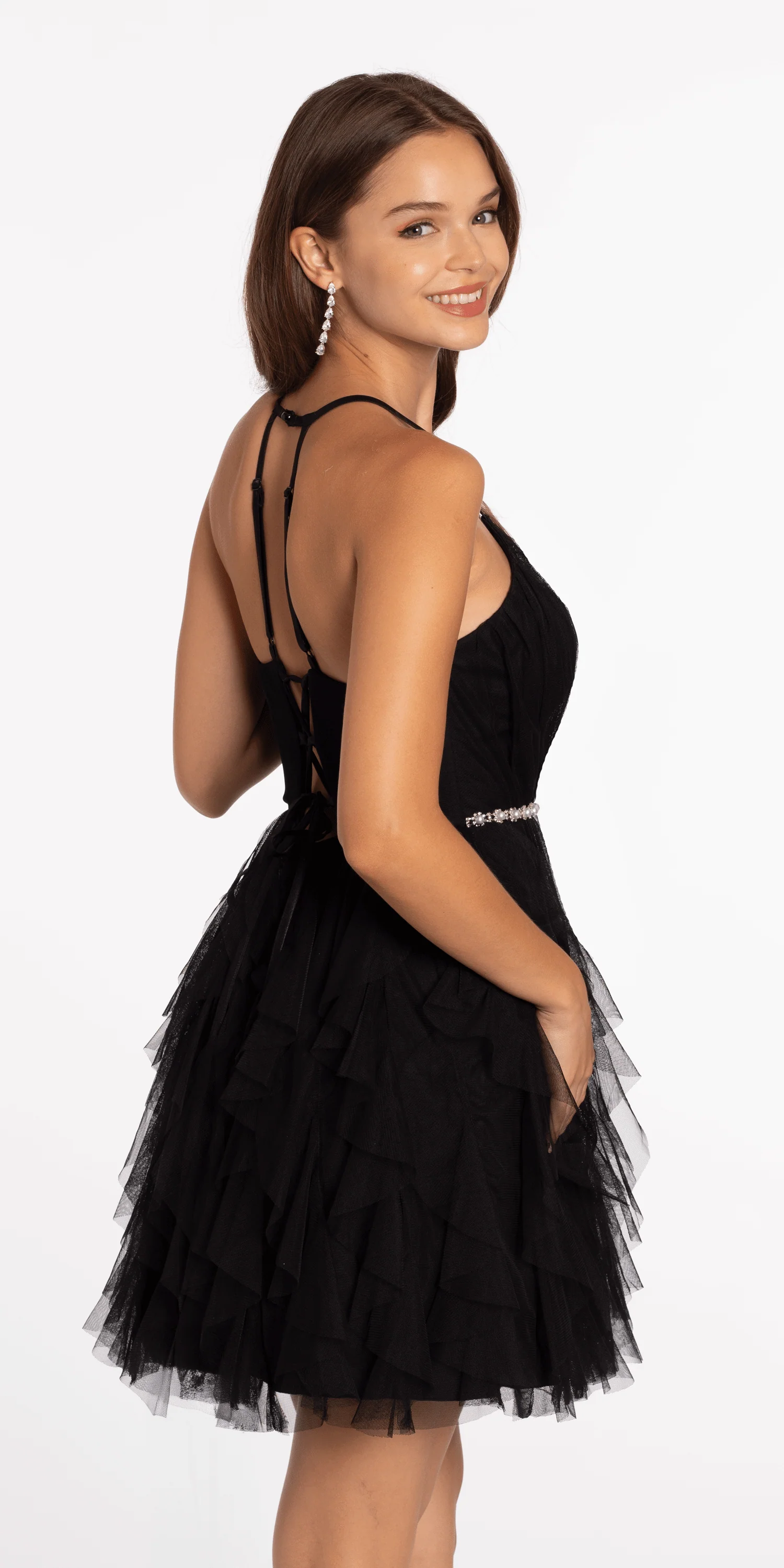 Mesh Plunge Fit and Flare Dress with Pearl Waist Detail - Image 4