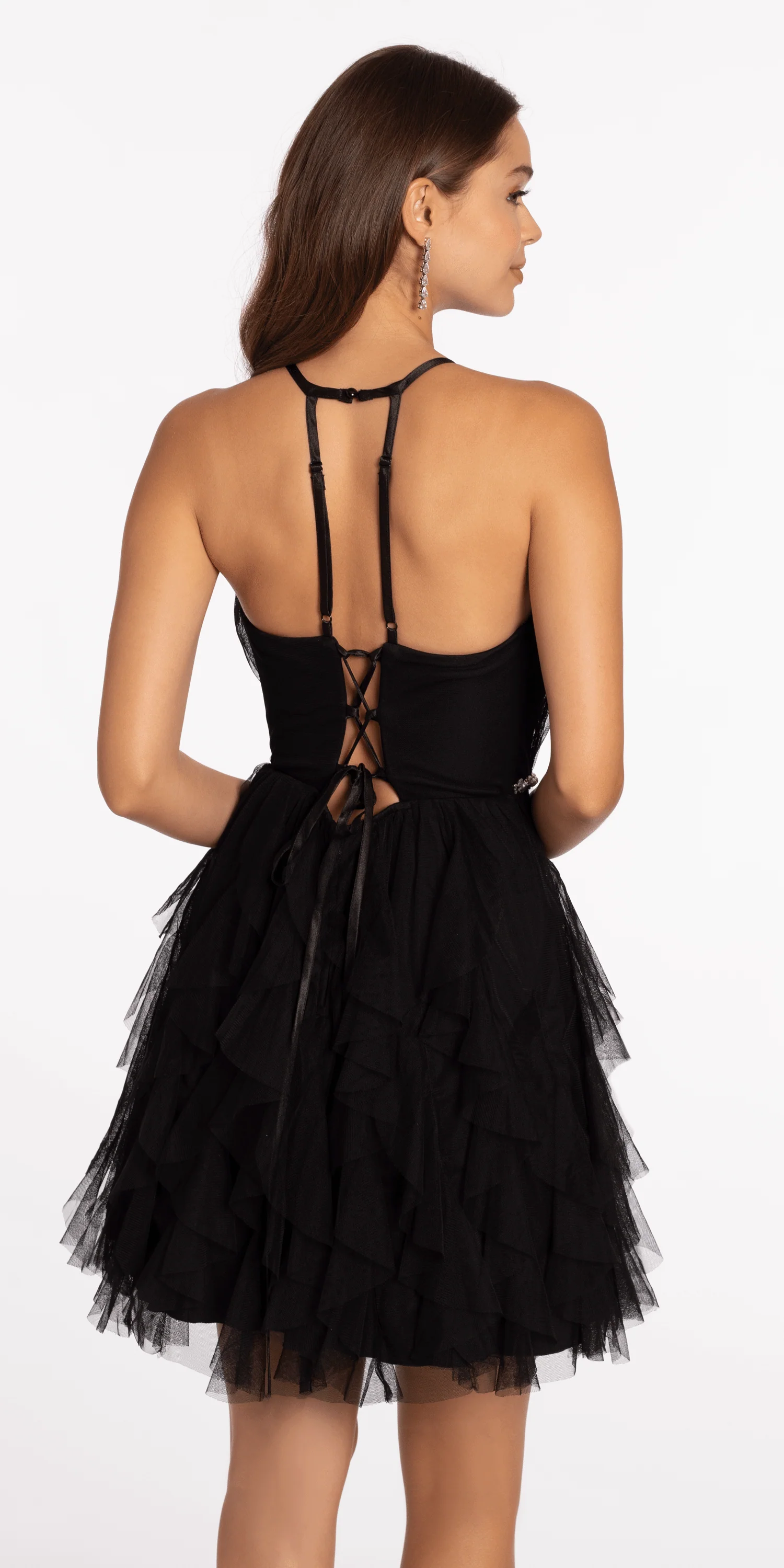 Mesh Plunge Fit and Flare Dress with Pearl Waist Detail - Image 5