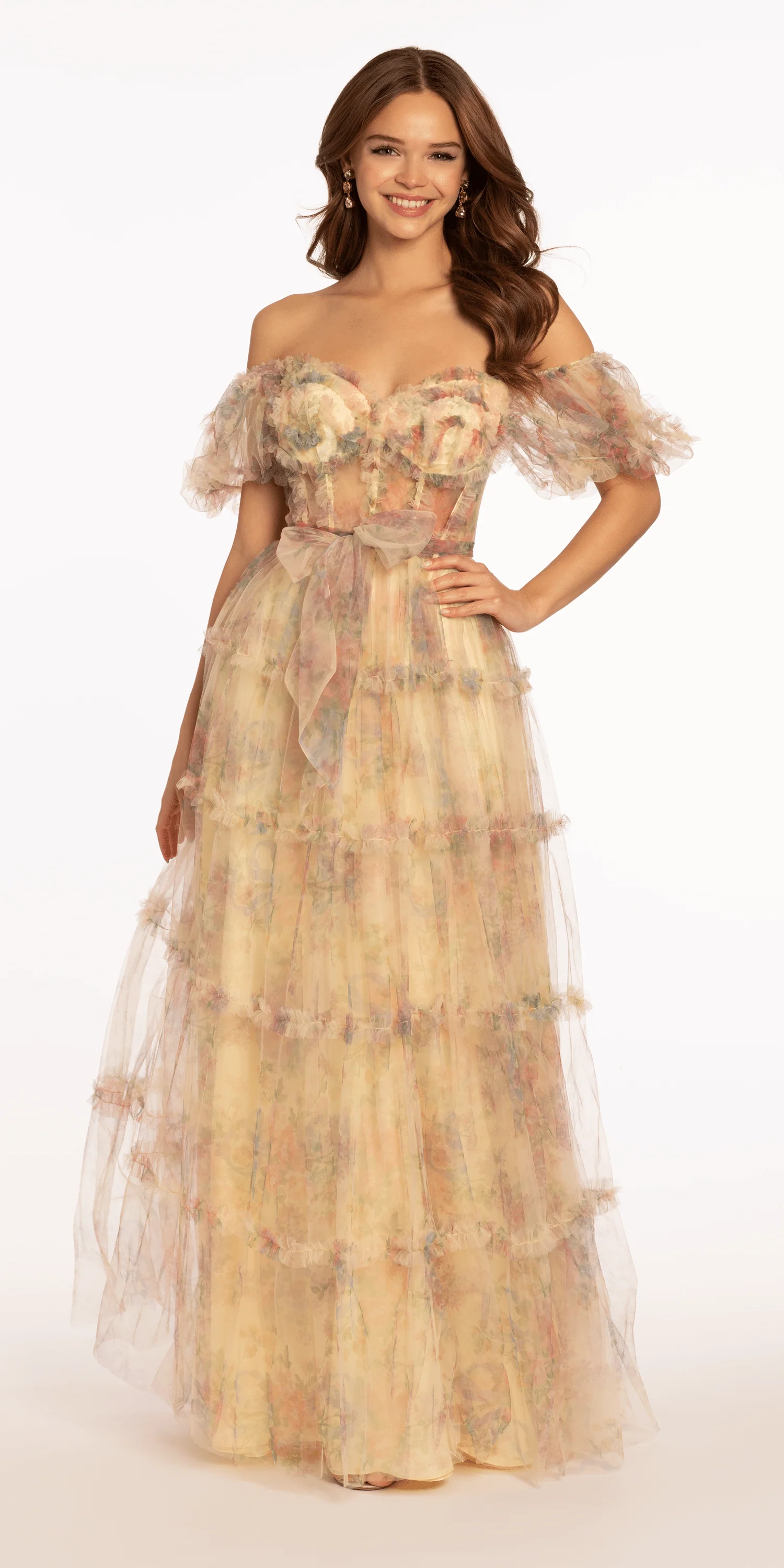 Mesh Puff Sleeve Off the Shoulder Floral Tiered A Line Dress - Image 2