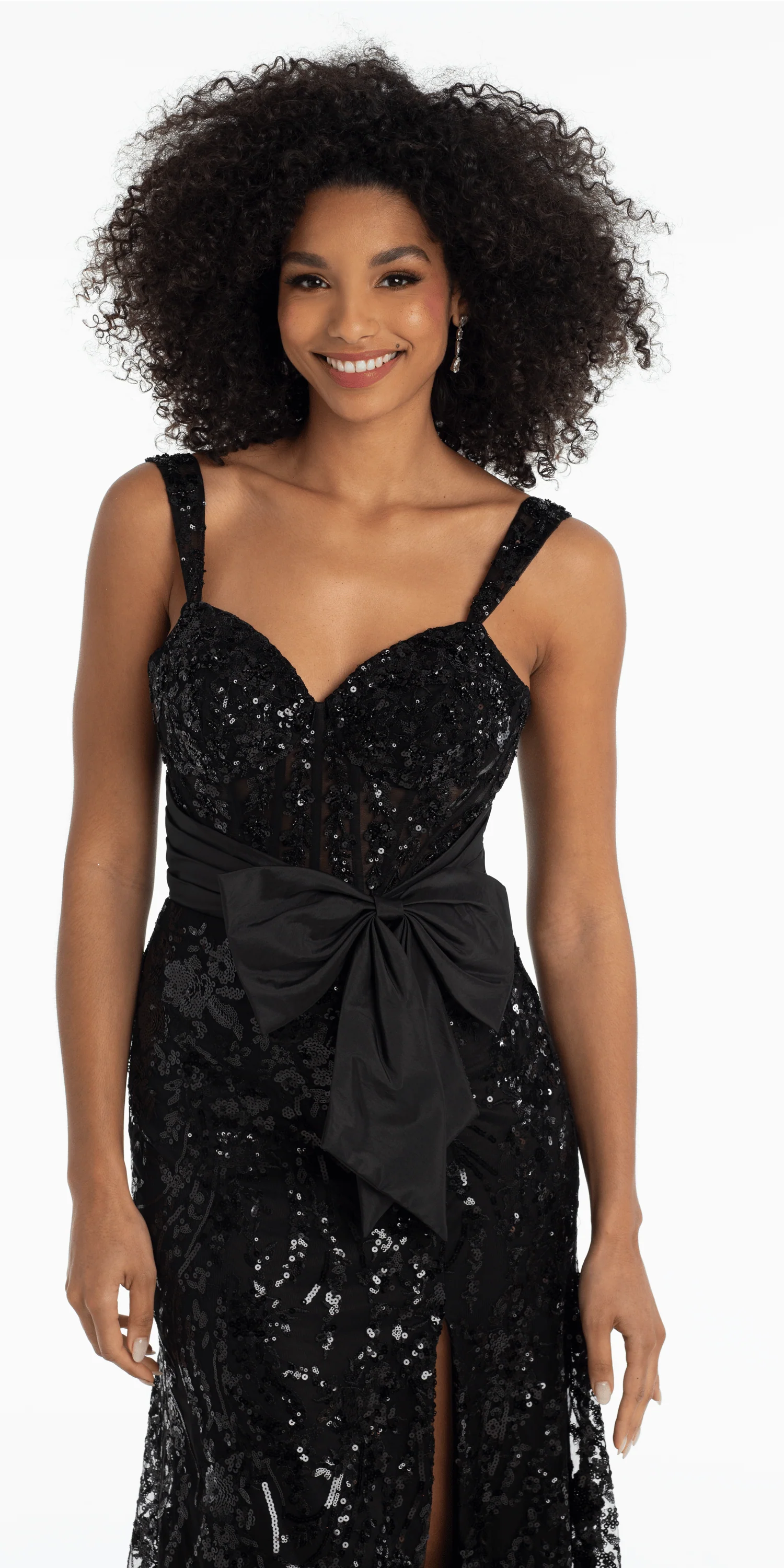 Mesh Sequin Sweetheart Column Dress with Taffeta Waist Bow - Image 2