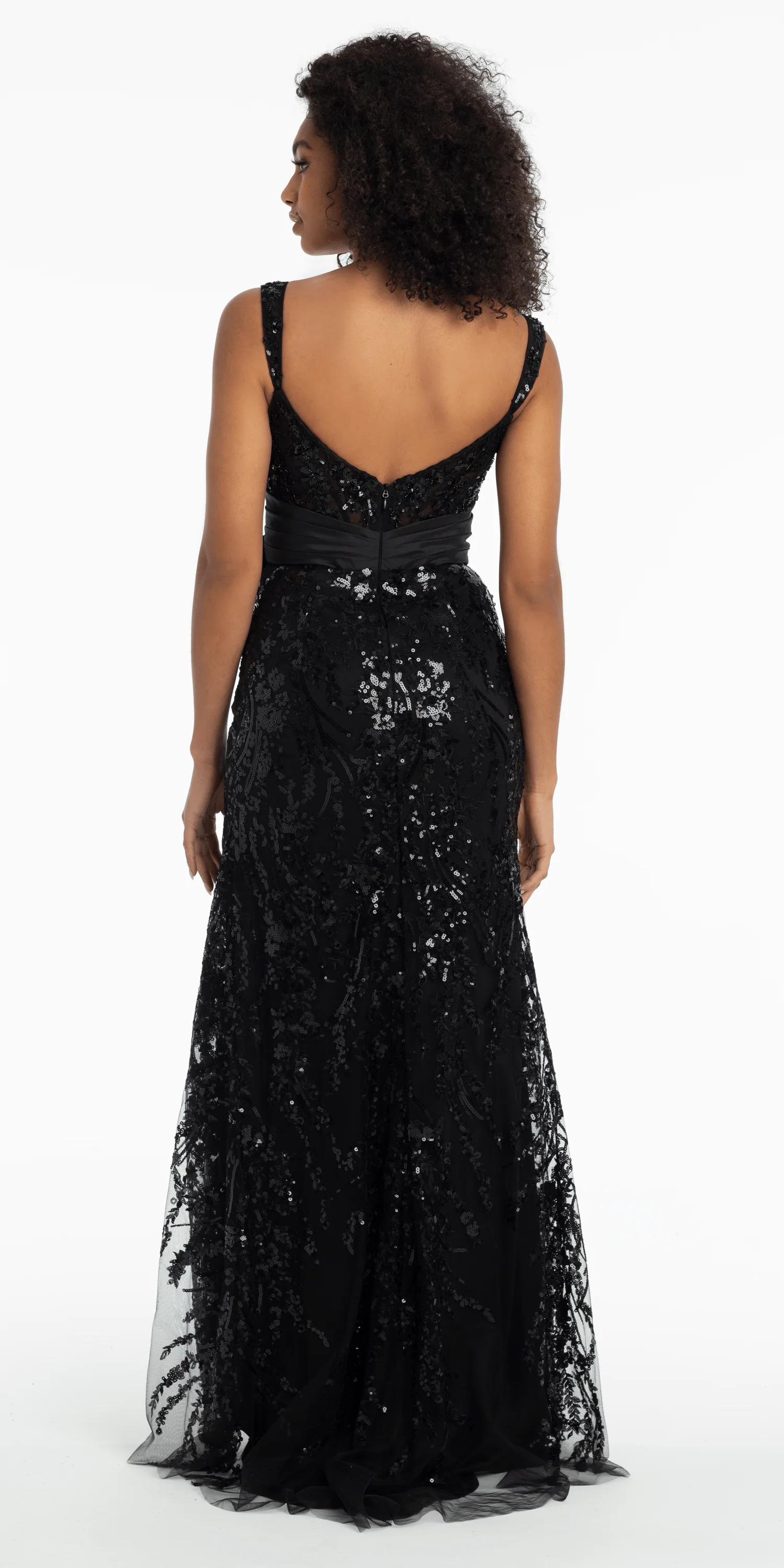 Mesh Sequin Sweetheart Column Dress with Taffeta Waist Bow - Image 3