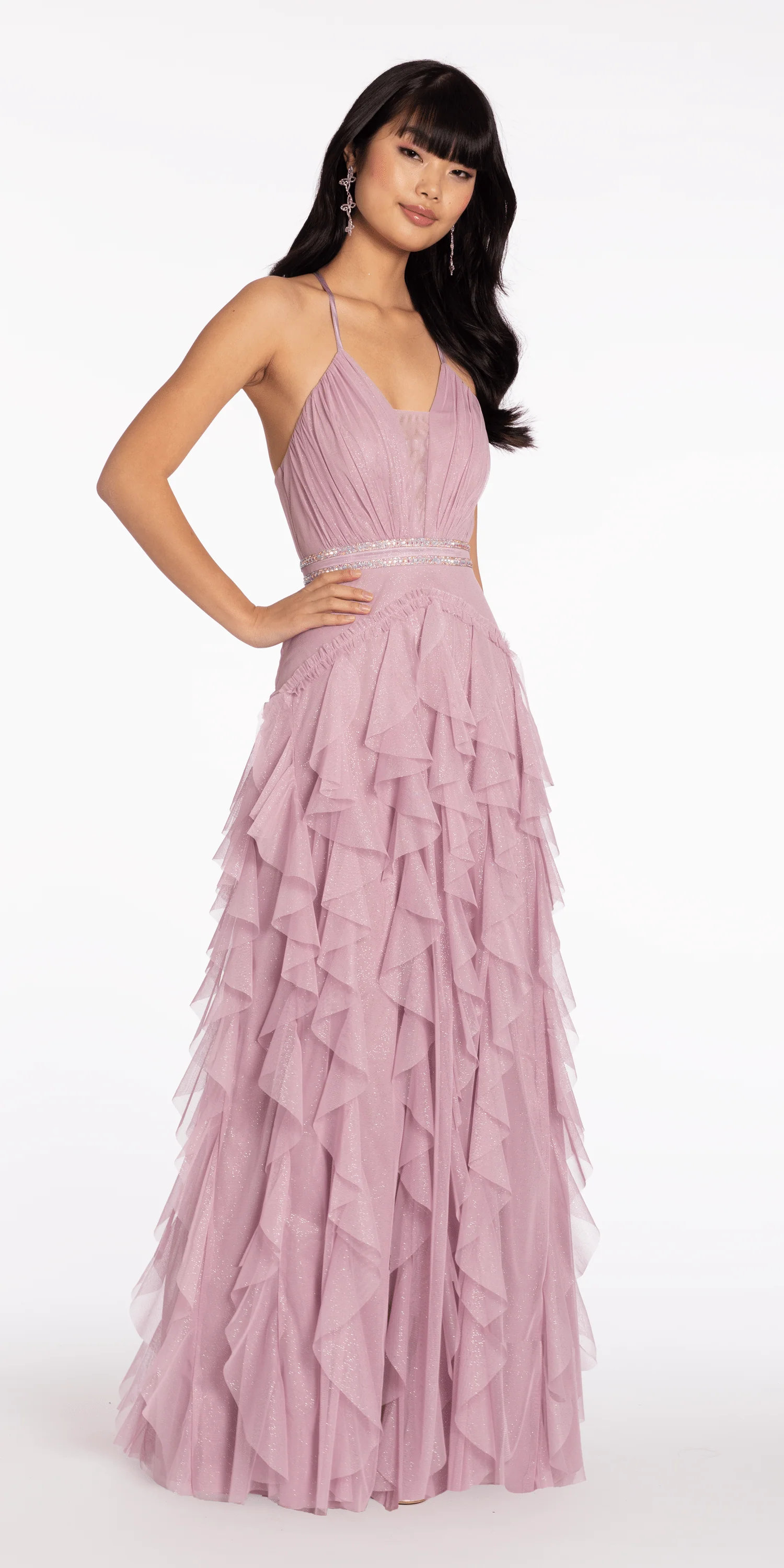Mesh Strappy Back Halter Tiered Ballgown - Image 4