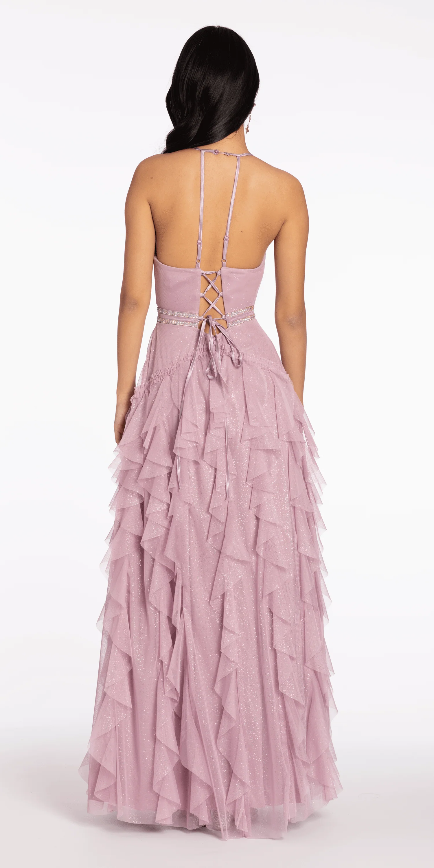 Mesh Strappy Back Halter Tiered Ballgown - Image 5