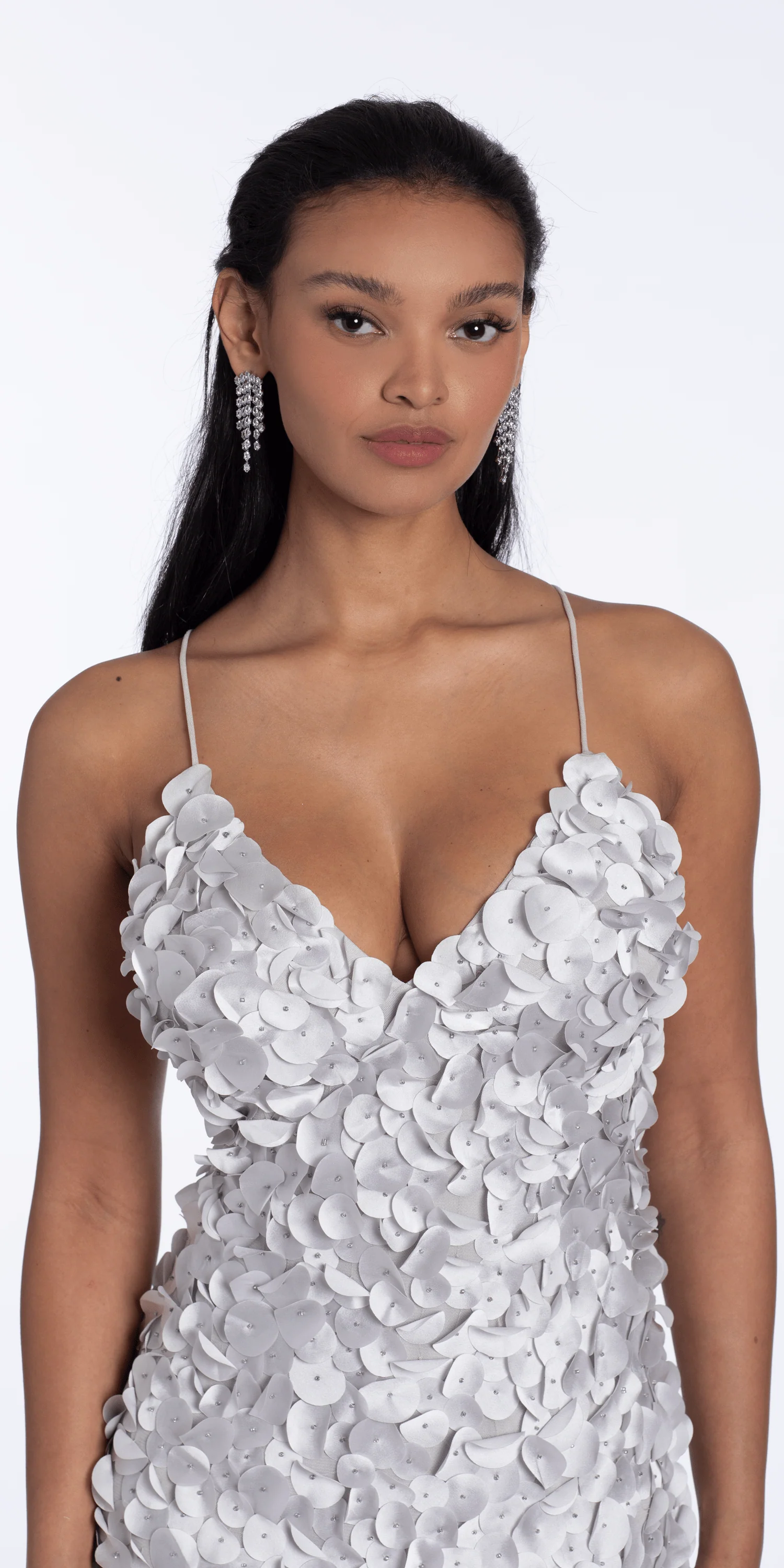 Mesh Strappy Back V Neck Column Dress with 3 D Petals - Image 3