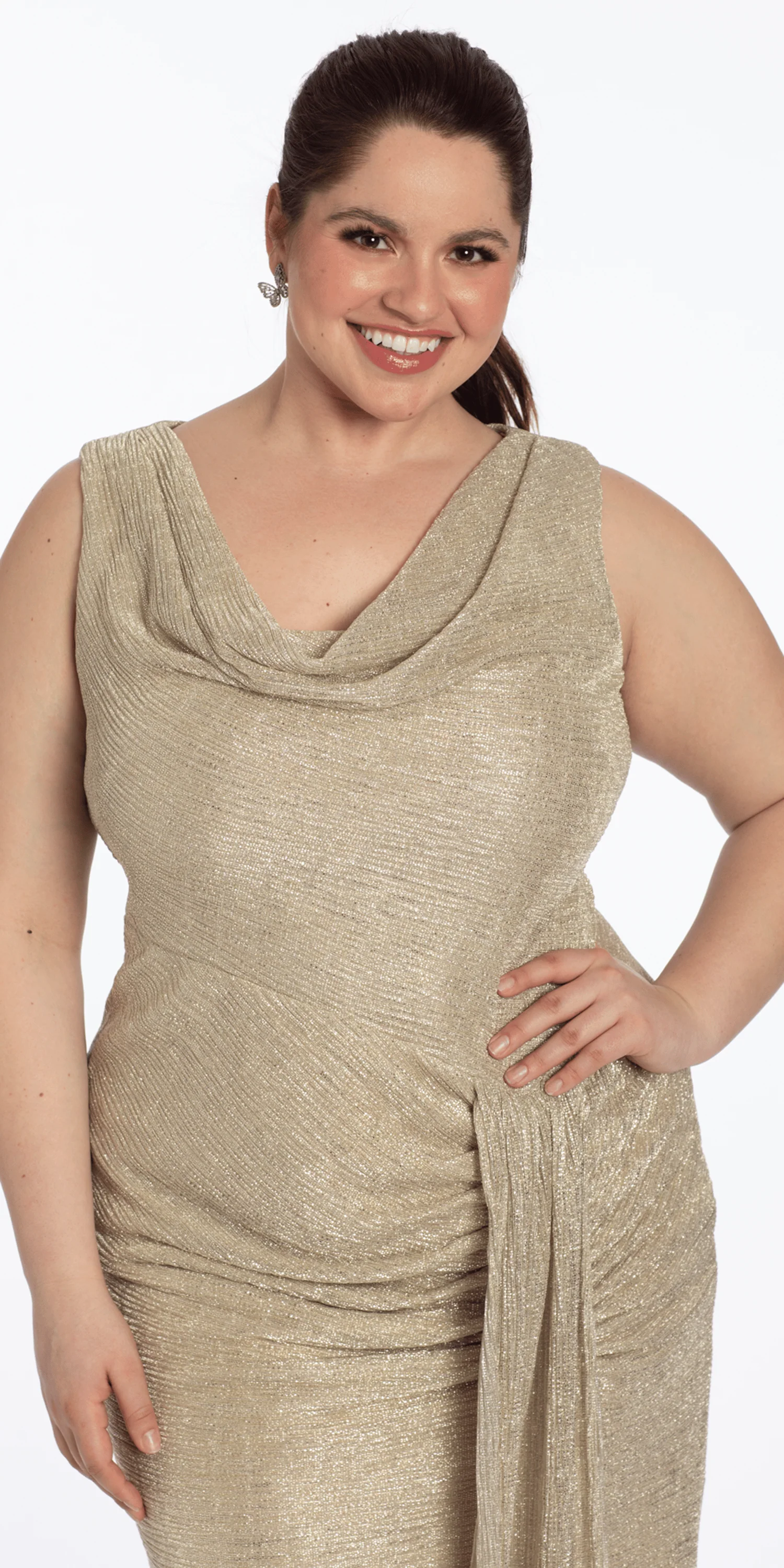 Metallic Cowl Neck Column Dress with Ruching and Tendril - Image 2