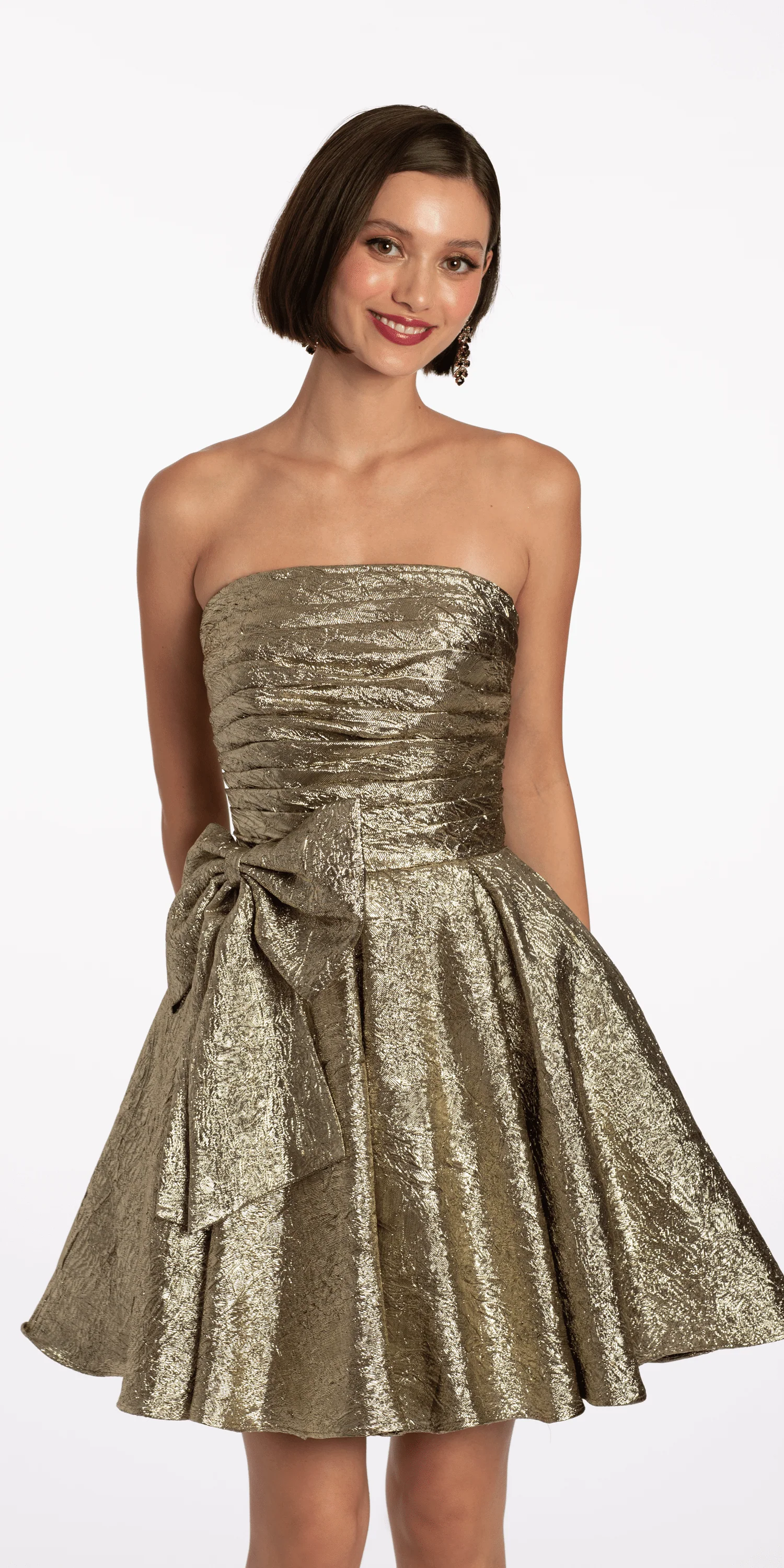 Metallic Crinkle Pleated Strapless Fit and Flare Dress with Bow - Image 2