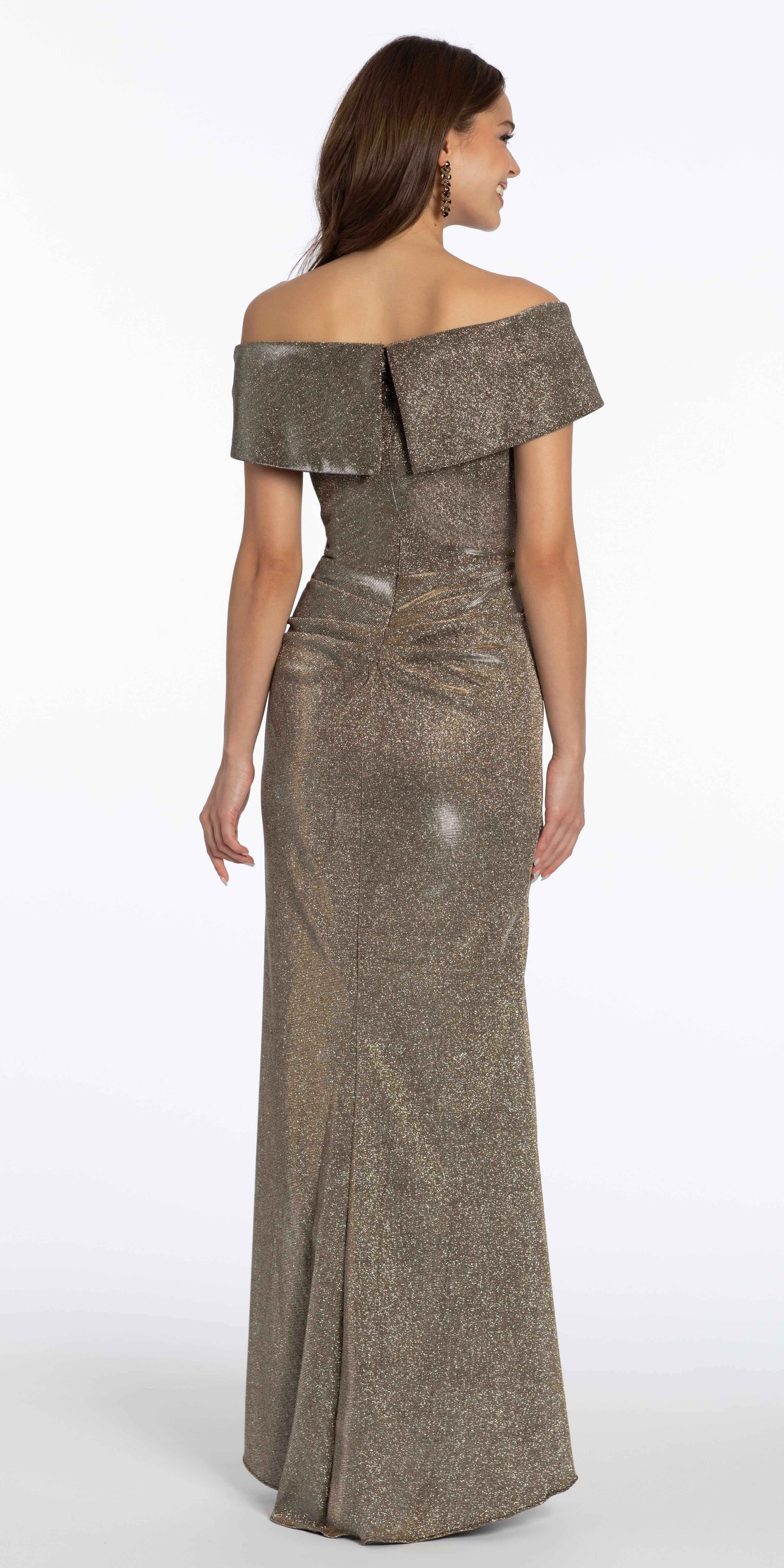 Metallic Off the Shoulder Column Dress with Side Drape - Image 5