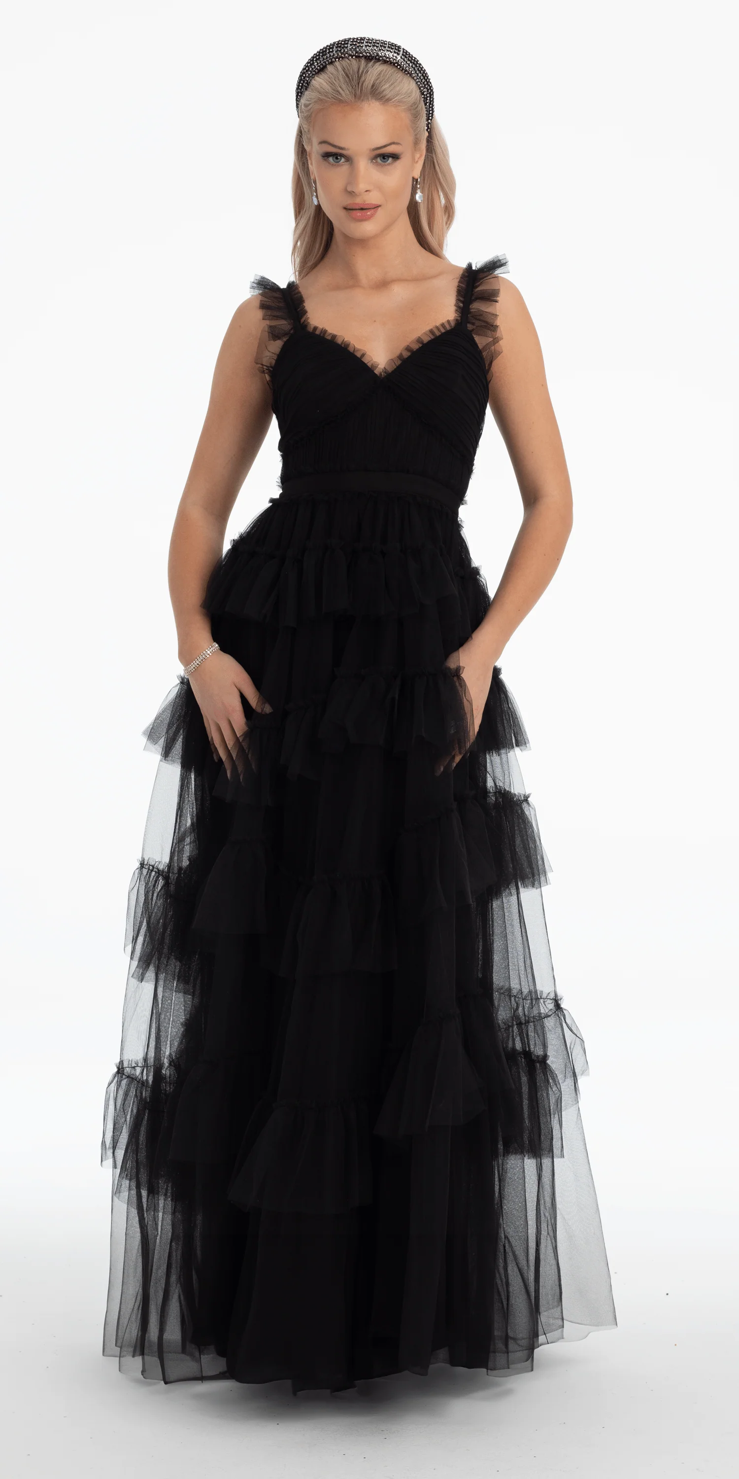 Multi Tiered Tulle Ballgown with Satin Waist Accent - Image 4