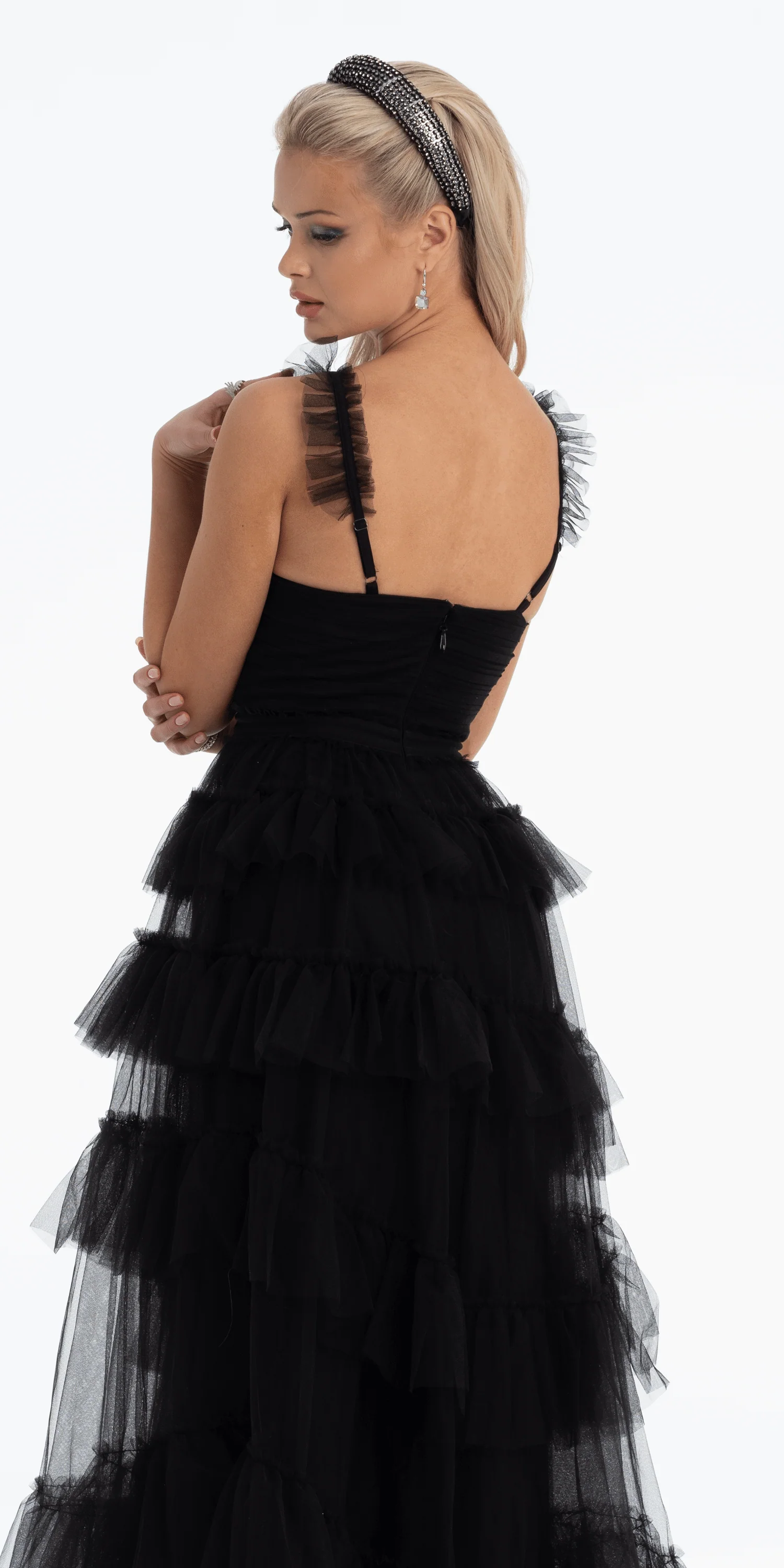 Multi Tiered Tulle Ballgown with Satin Waist Accent - Image 5