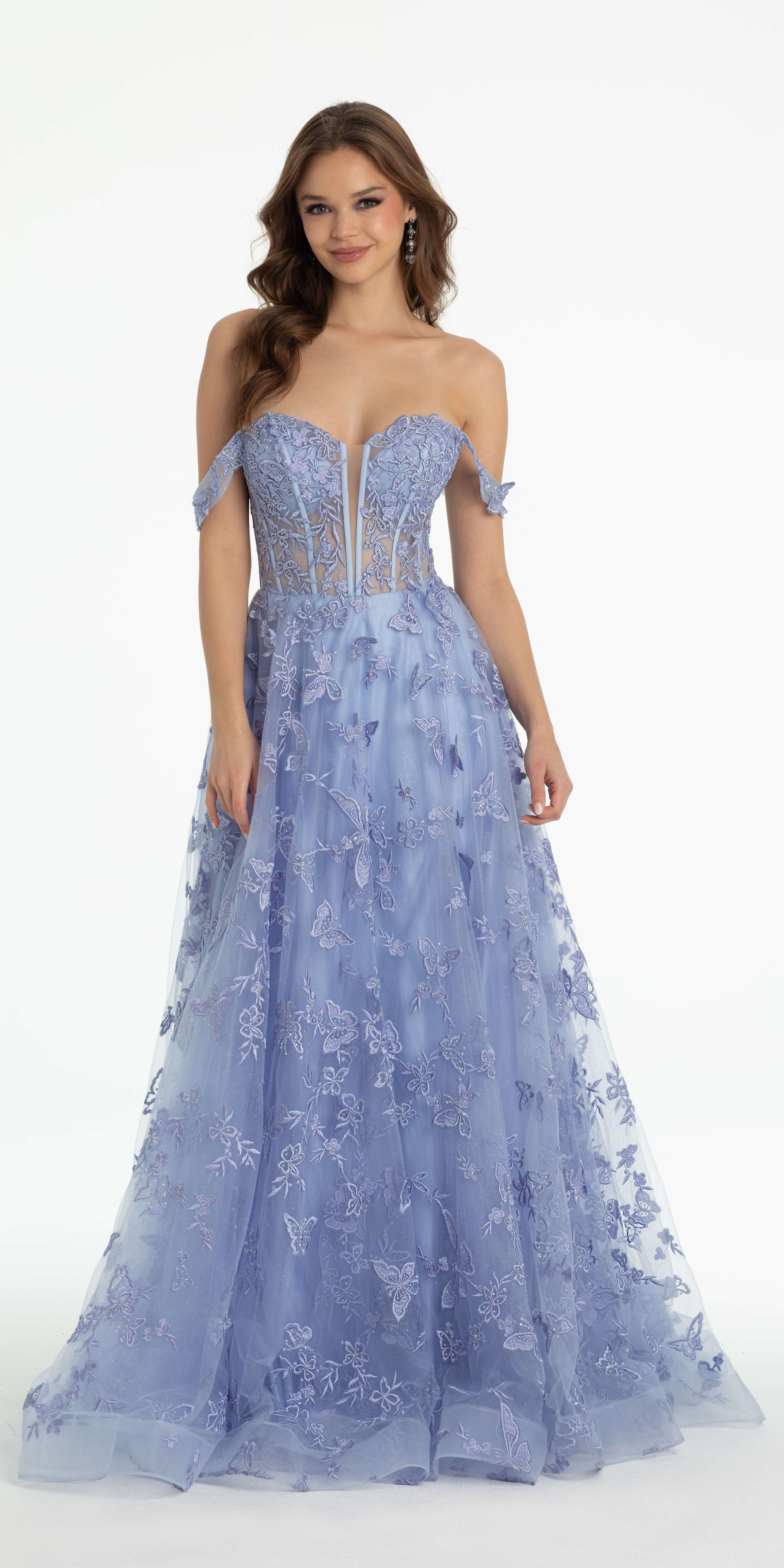 Off the Shoulder Butterfly Embroidered Tulle Lace Up Back Ballgown - Image 3