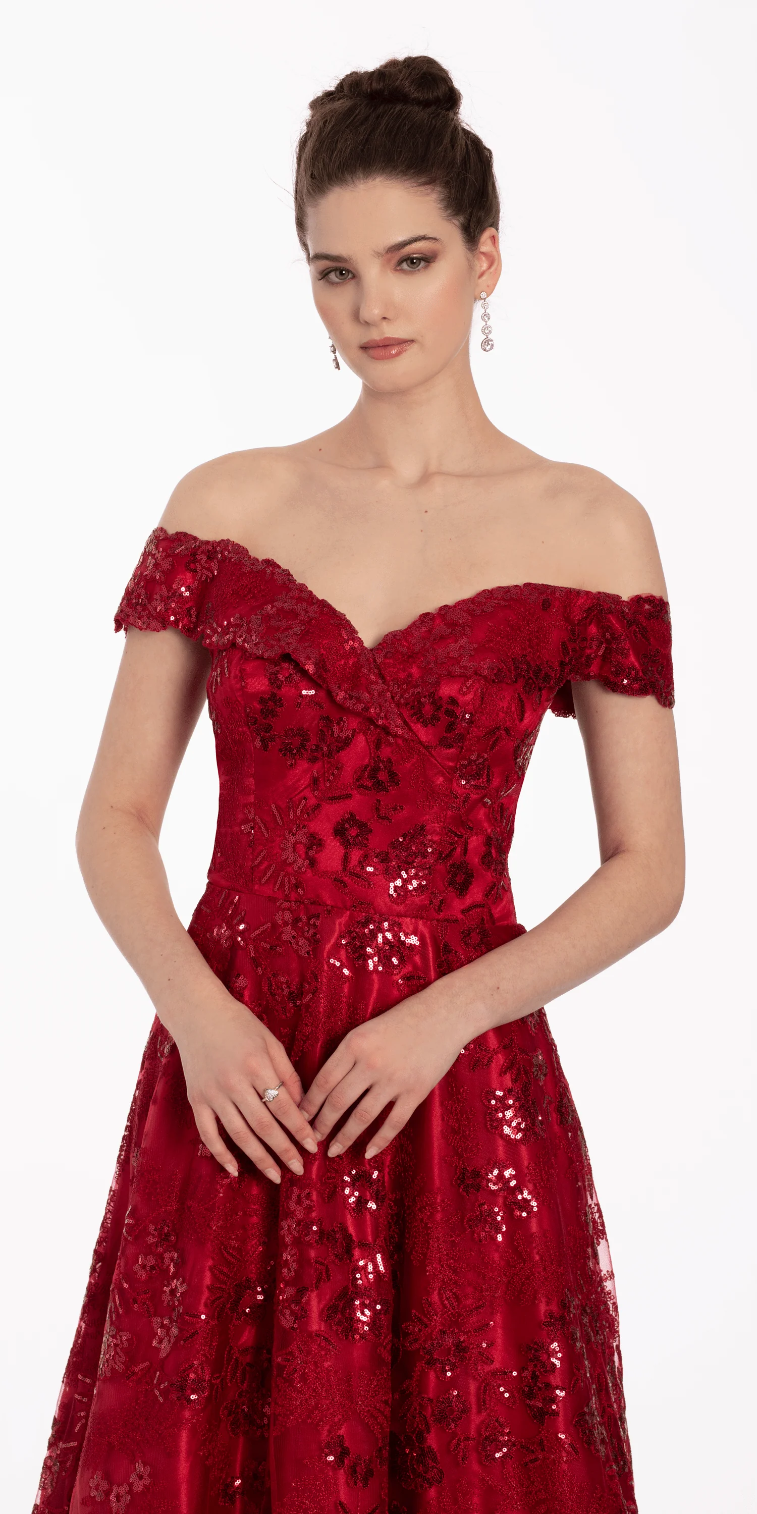 Off the Shoulder Floral Embroidered A Line Dress - Image 2