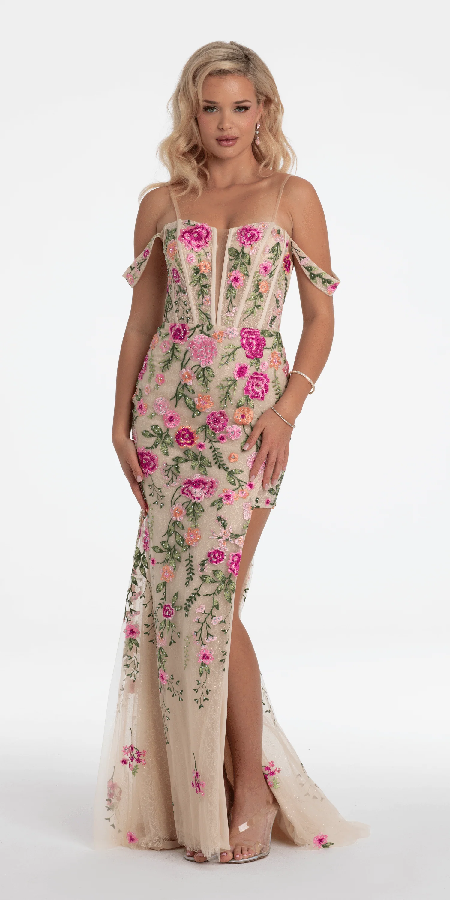 Off the Shoulder Floral Embroidered Column Dress - Image 3
