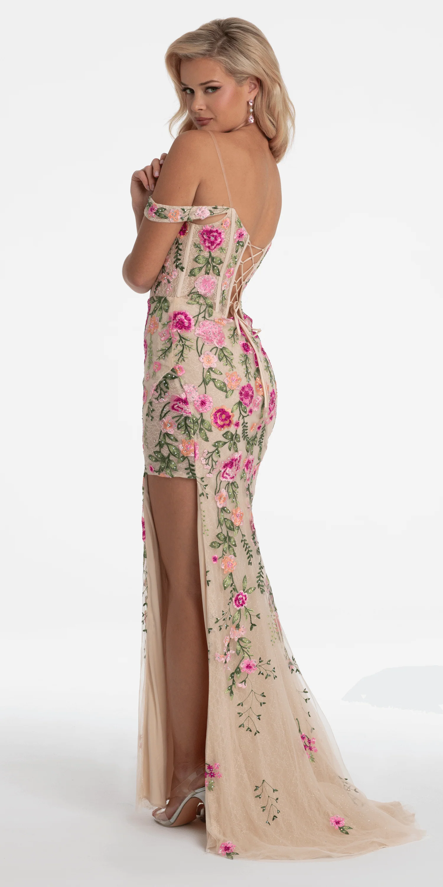 Off the Shoulder Floral Embroidered Column Dress - Image 5