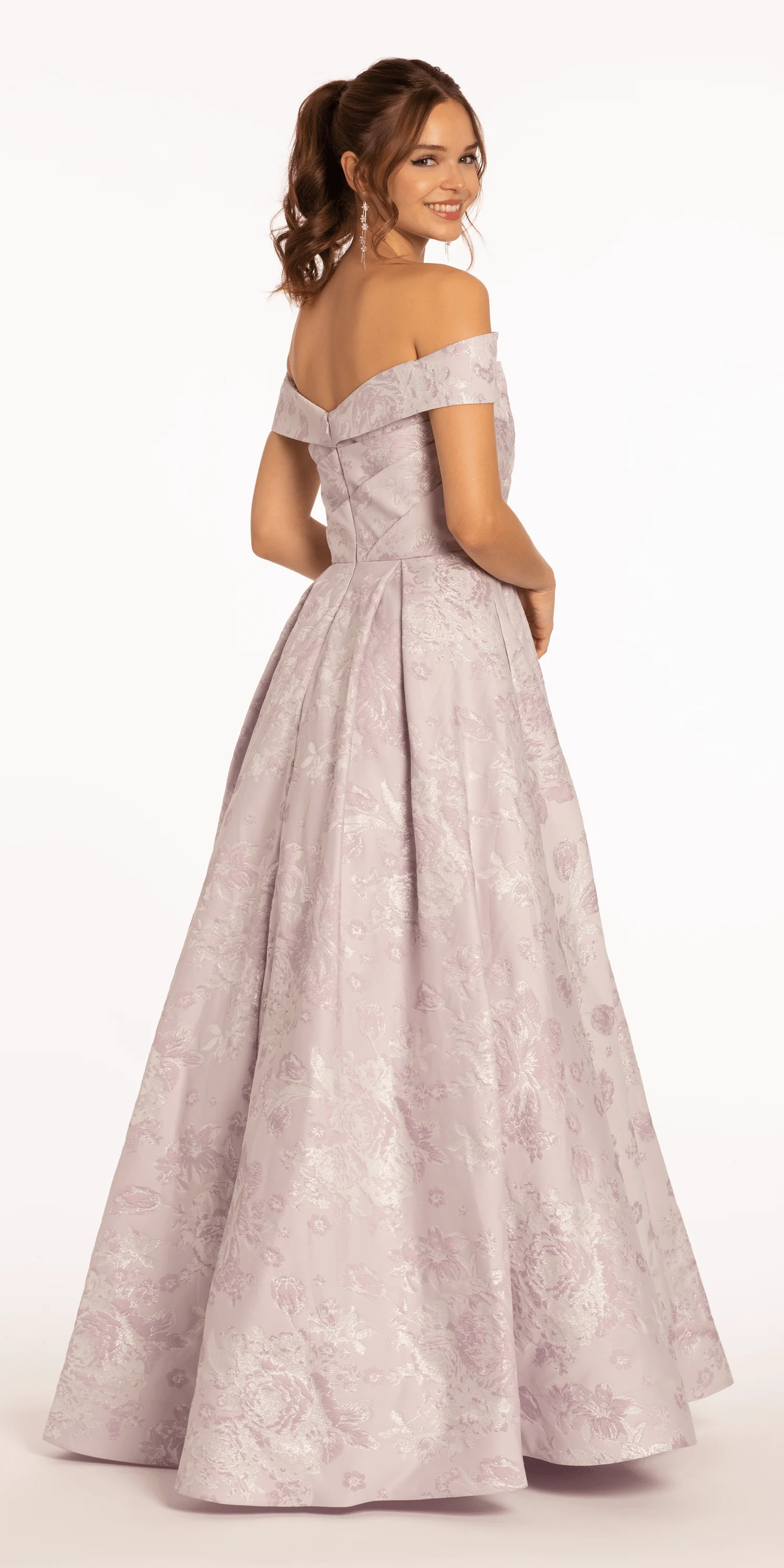 Off the Shoulder Floral Jacquard Ballgown with Pockets - Image 4