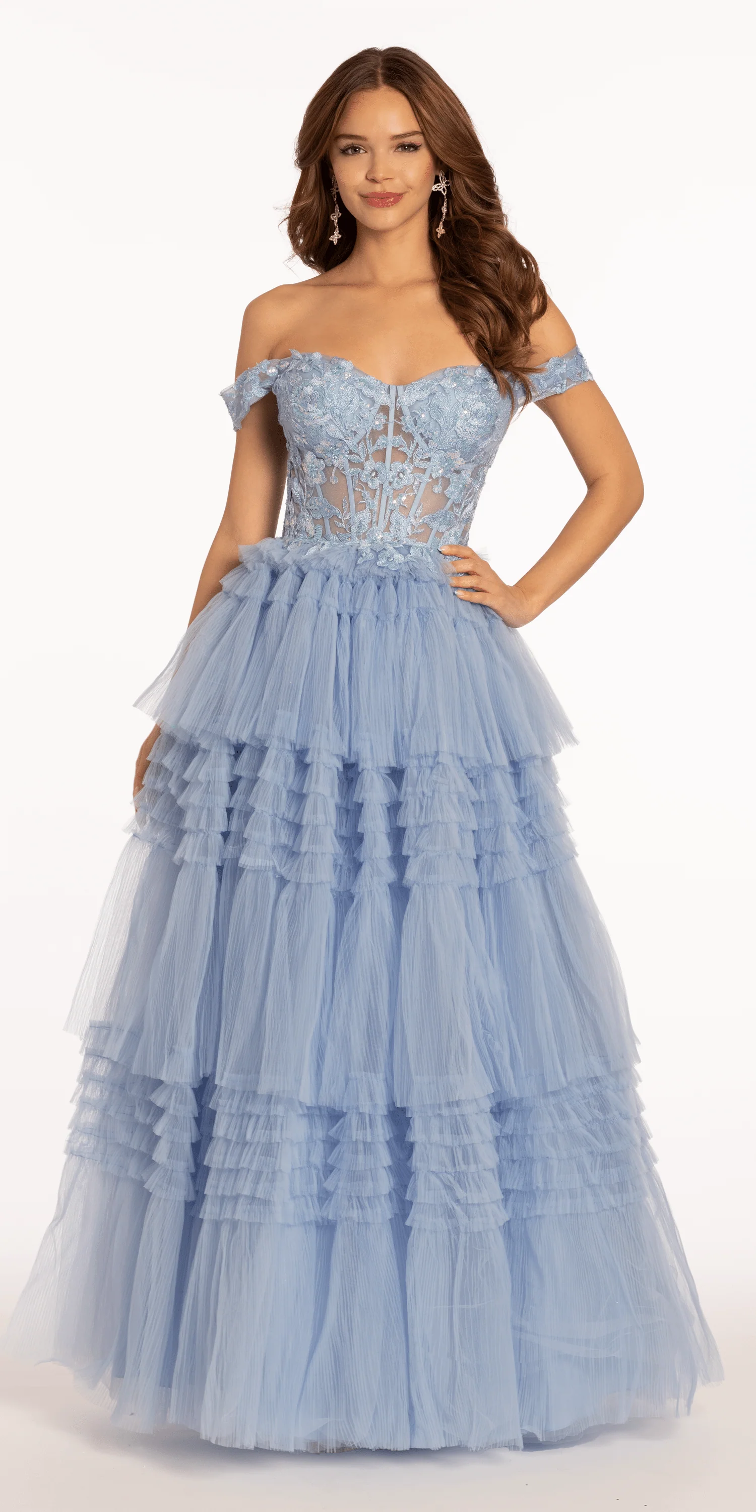 Off the Shoulder Mesh Applique Tiered Ballgown - Image 3