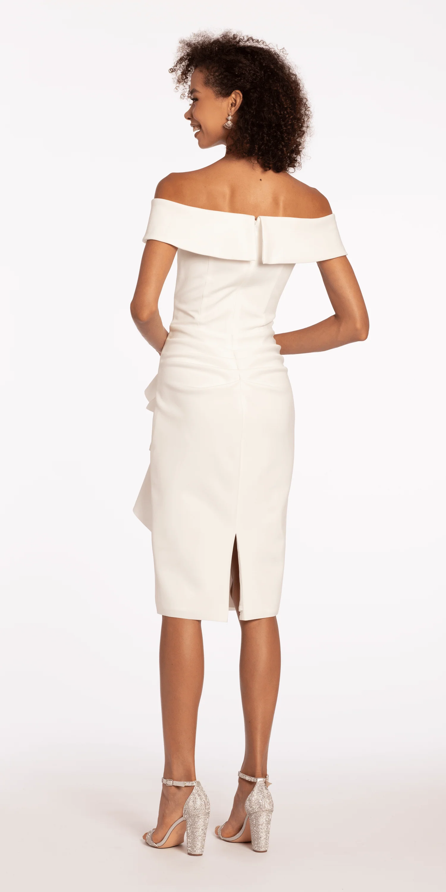 Off the Shoulder Scuba Dress with Side Cascade - Image 5