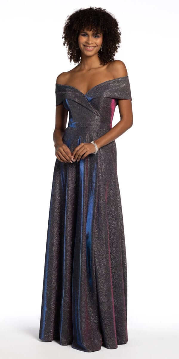 Off The Shoulder Surplice Two Tone Metallic Dress - Image 4